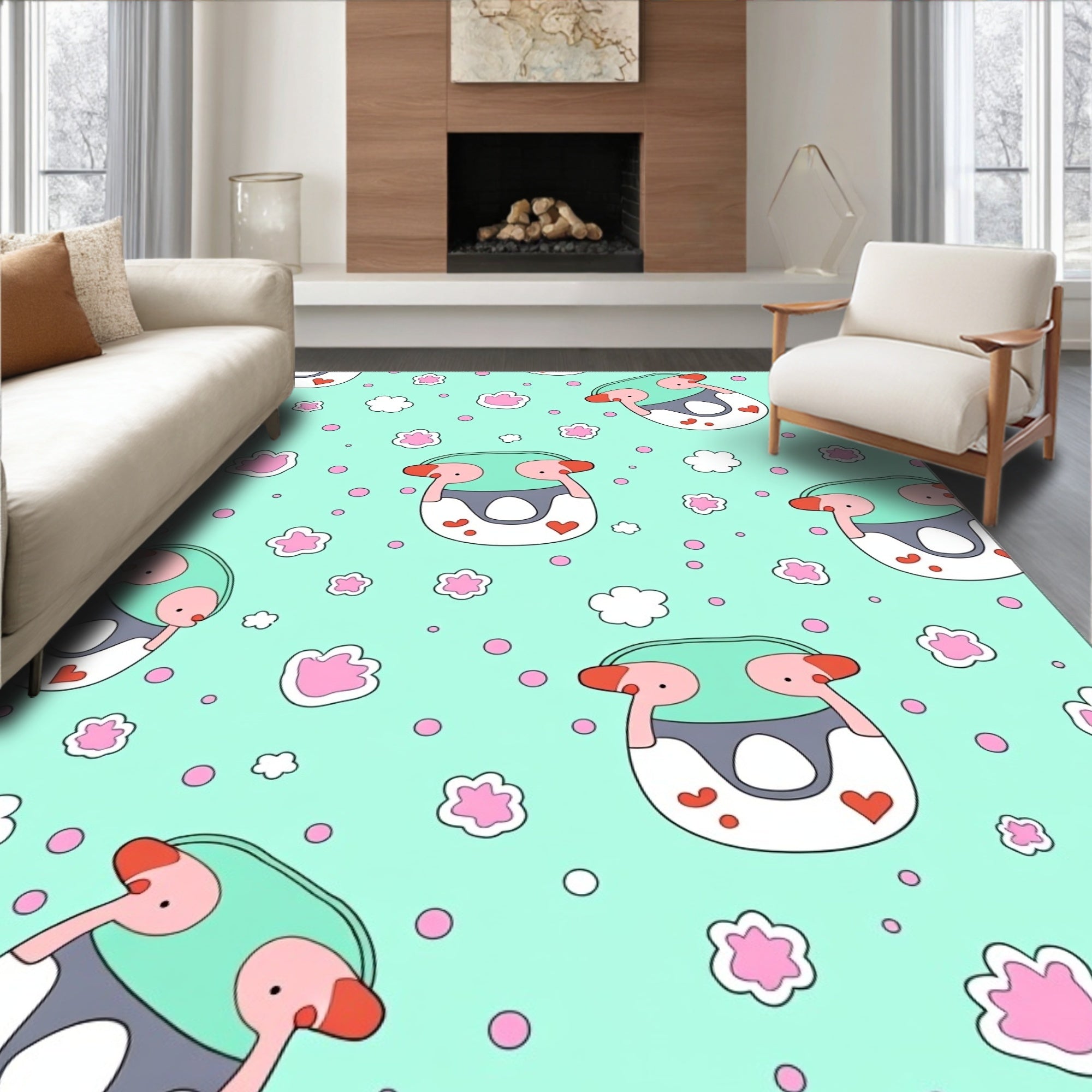 Cute Teal Flamingo Paw Print Rug