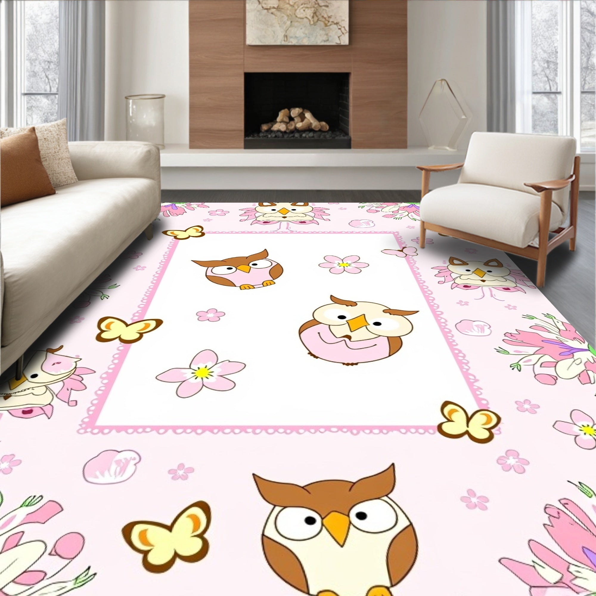 Sweet Pink Owl Butterflies Floral Rug