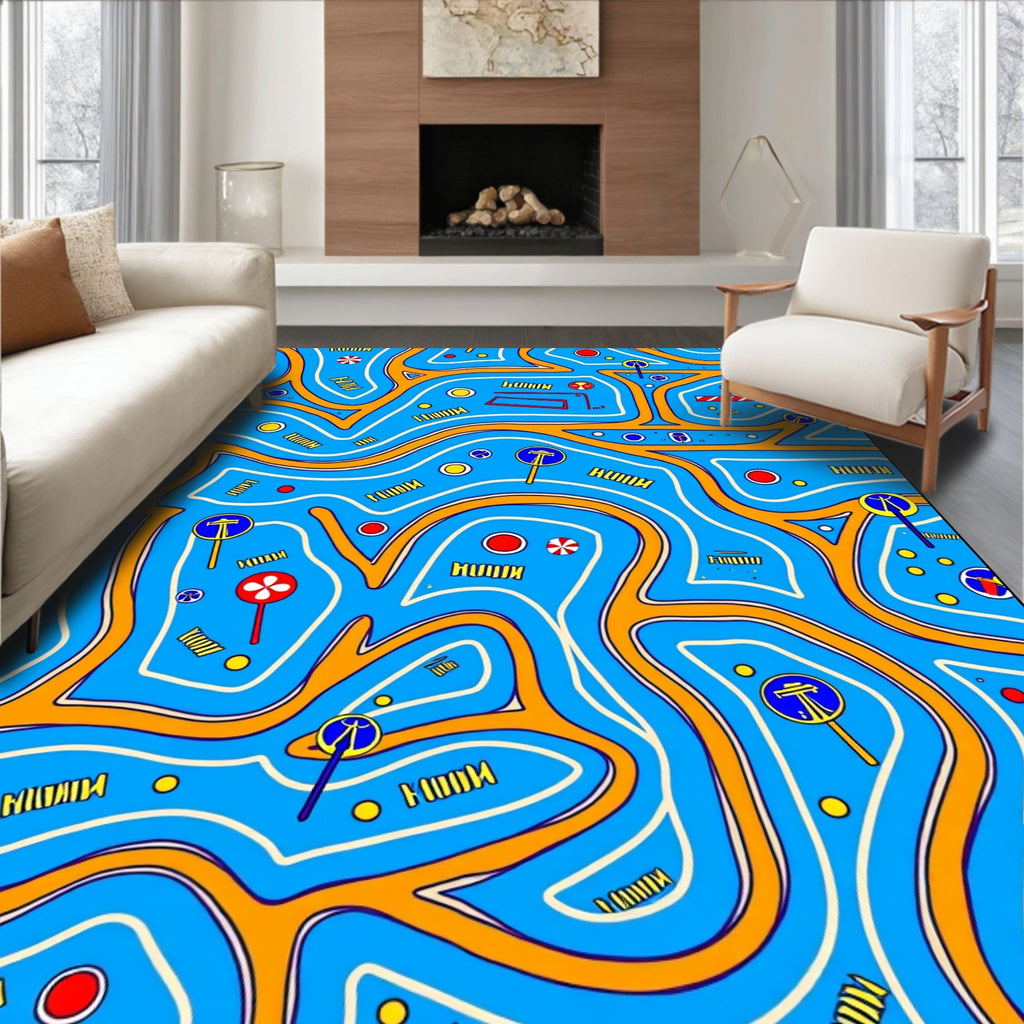 Whimsical Blue Orange Road Map Rug