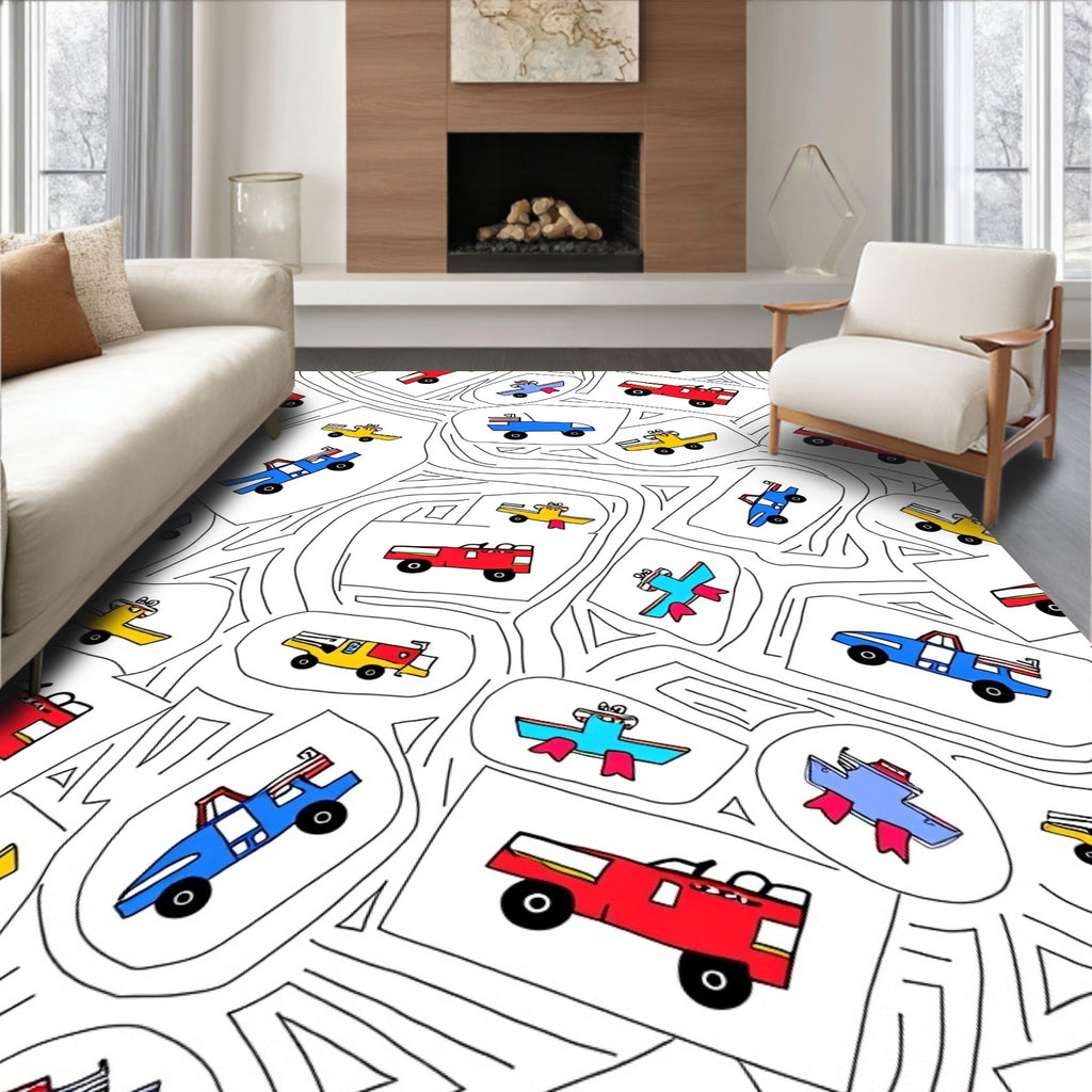 Red Yellow Blue Toy Vehicle Collage Rug