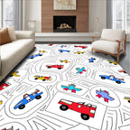 Red Yellow Blue Toy Vehicle Collage Rug