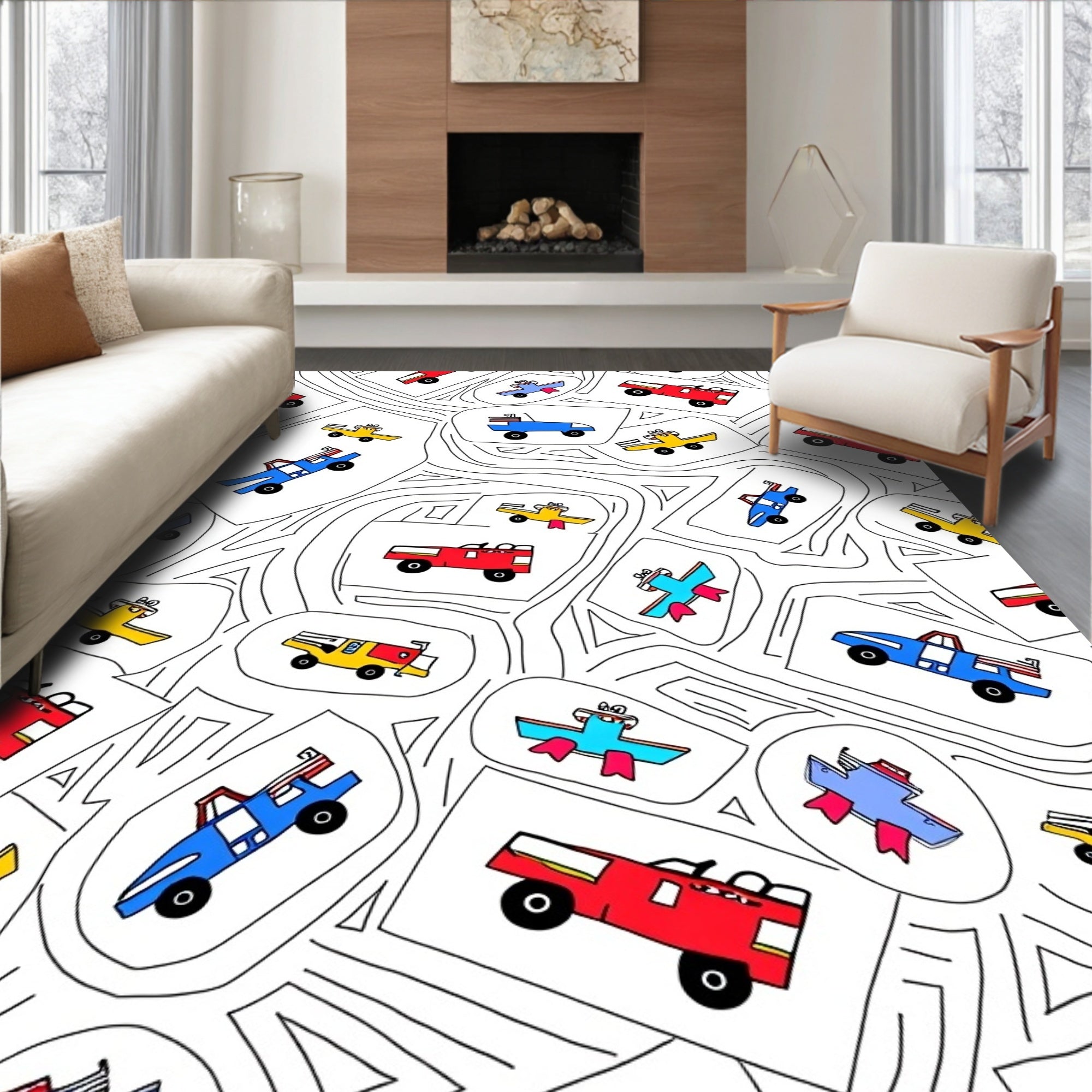 Red Yellow Blue Toy Vehicle Collage Rug