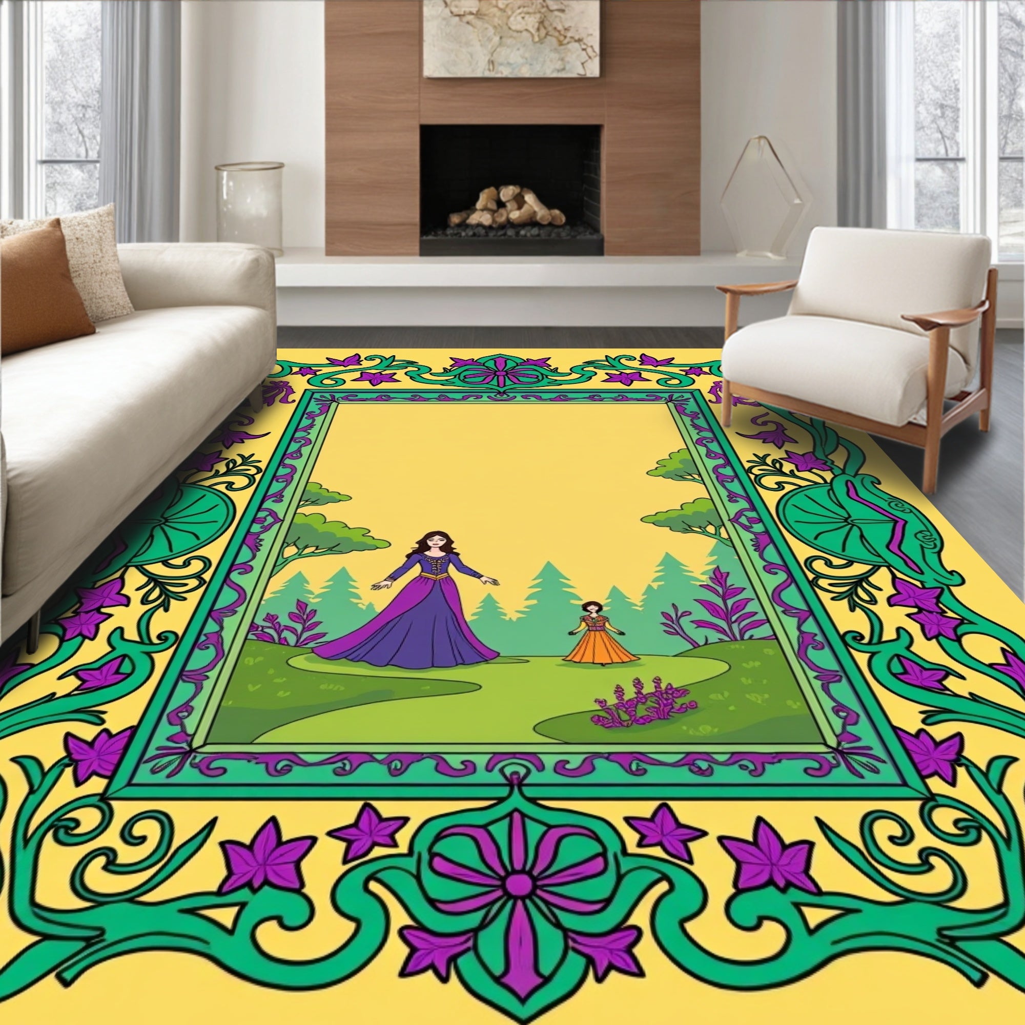 Emerald Purple Floral Vine Garden Scene Rug