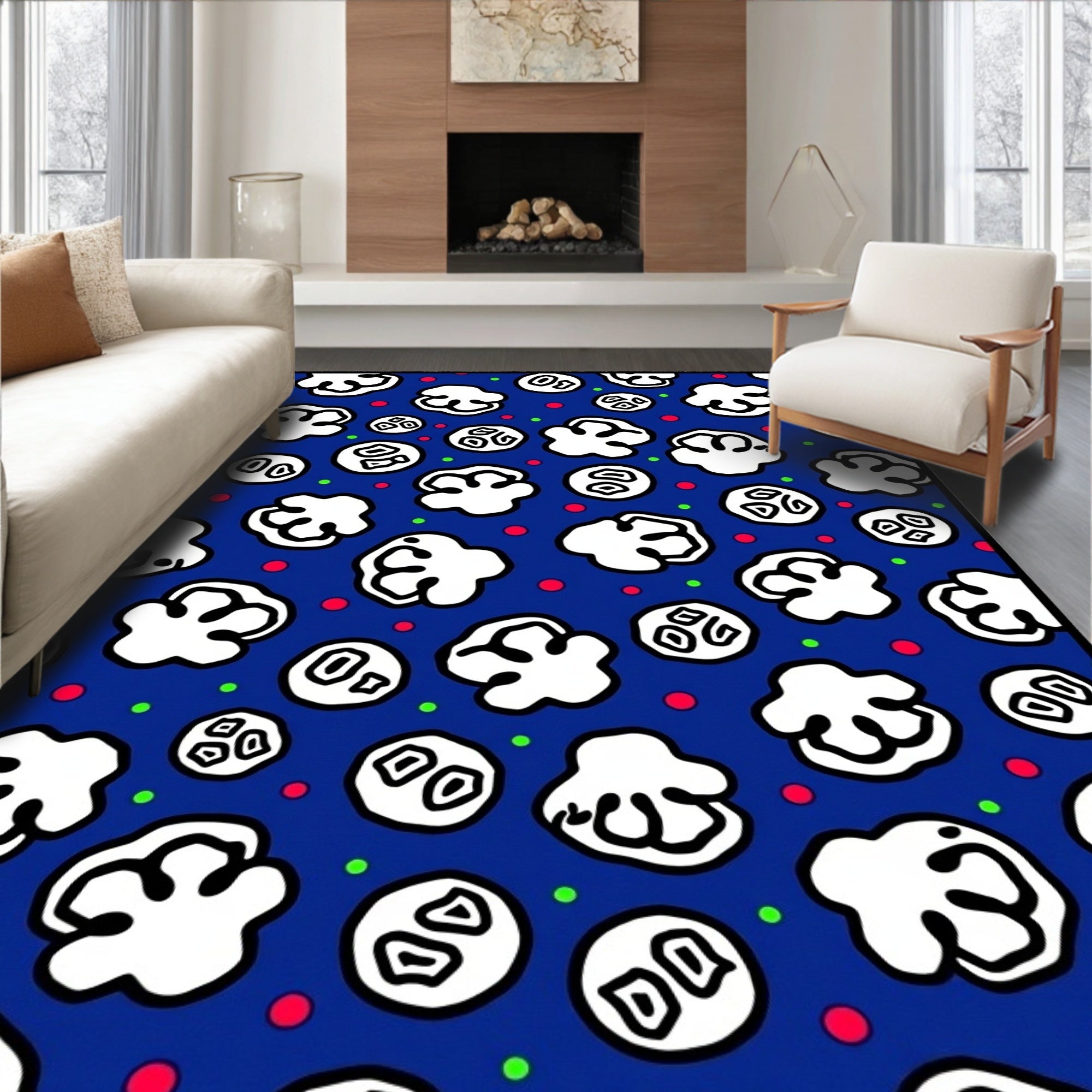 White Popcorn Dots Blue Rug
