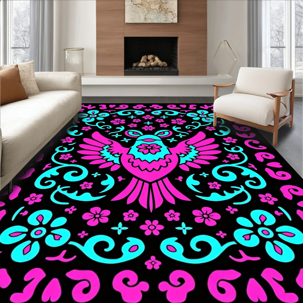 Vibrant Pink Teal Bird Floral Scroller Rug