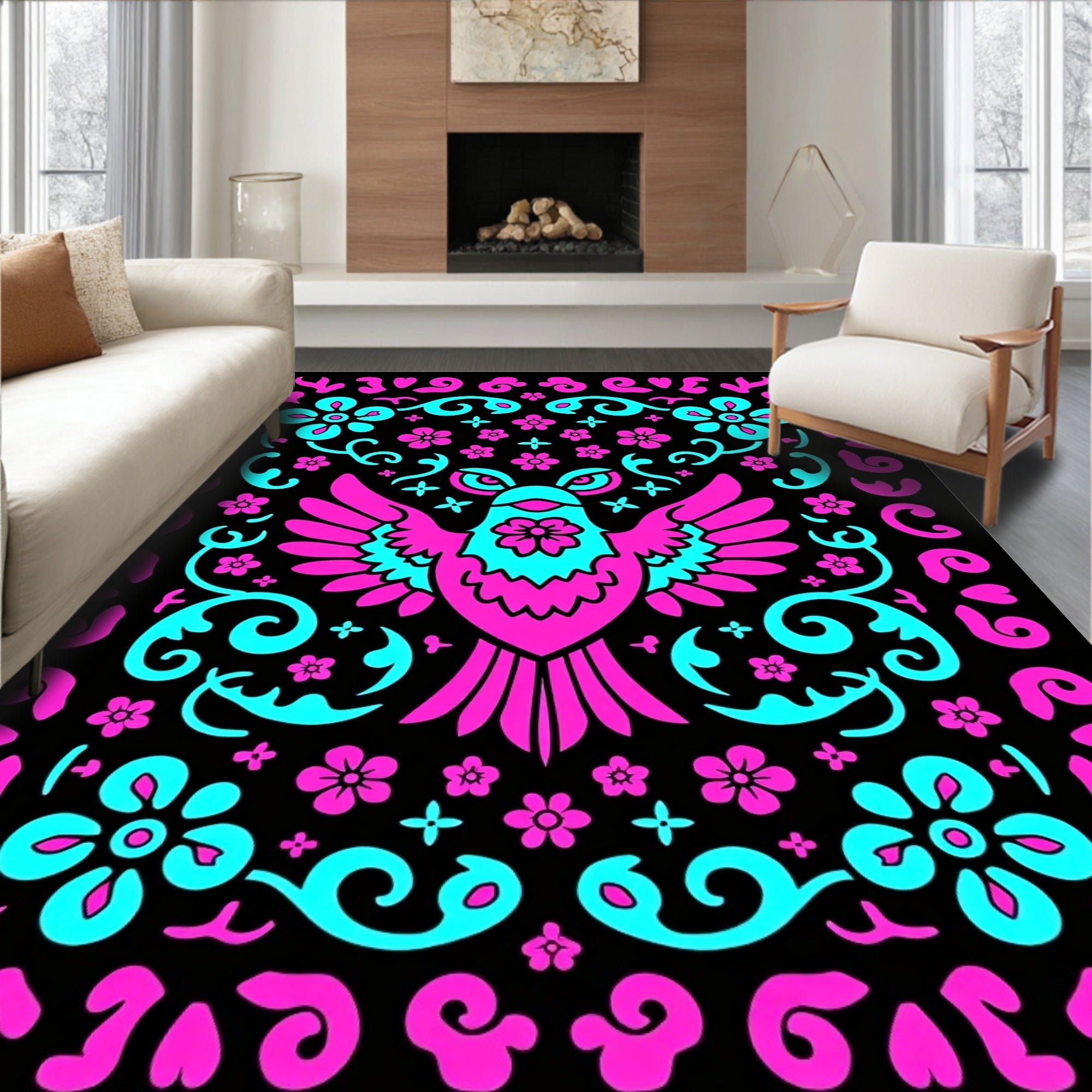 Vibrant Pink Teal Bird Floral Scroller Rug