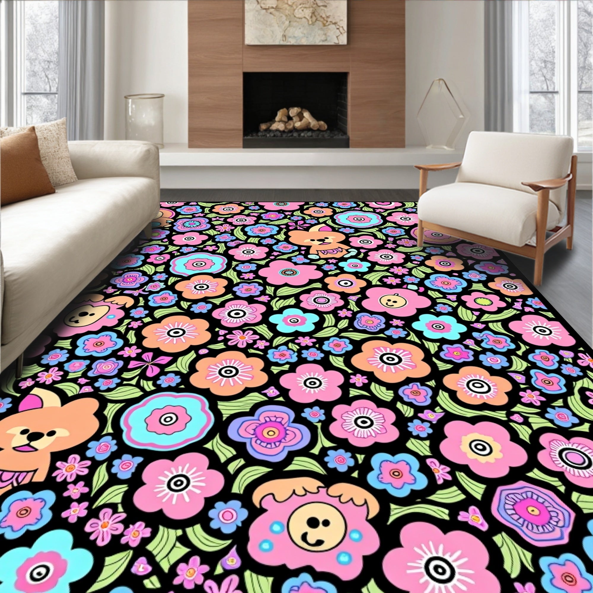 Whimsical Kawaii Floral Animal Collage Rug