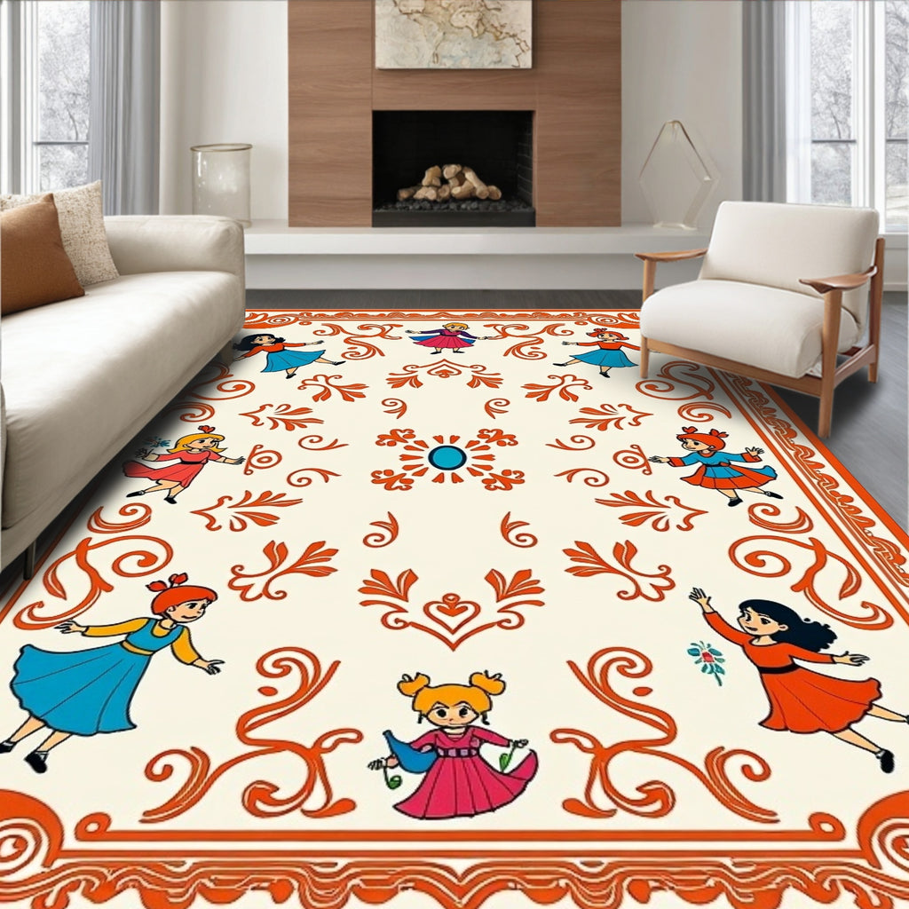 Whimsical Dancing Girls Orange Border Rug