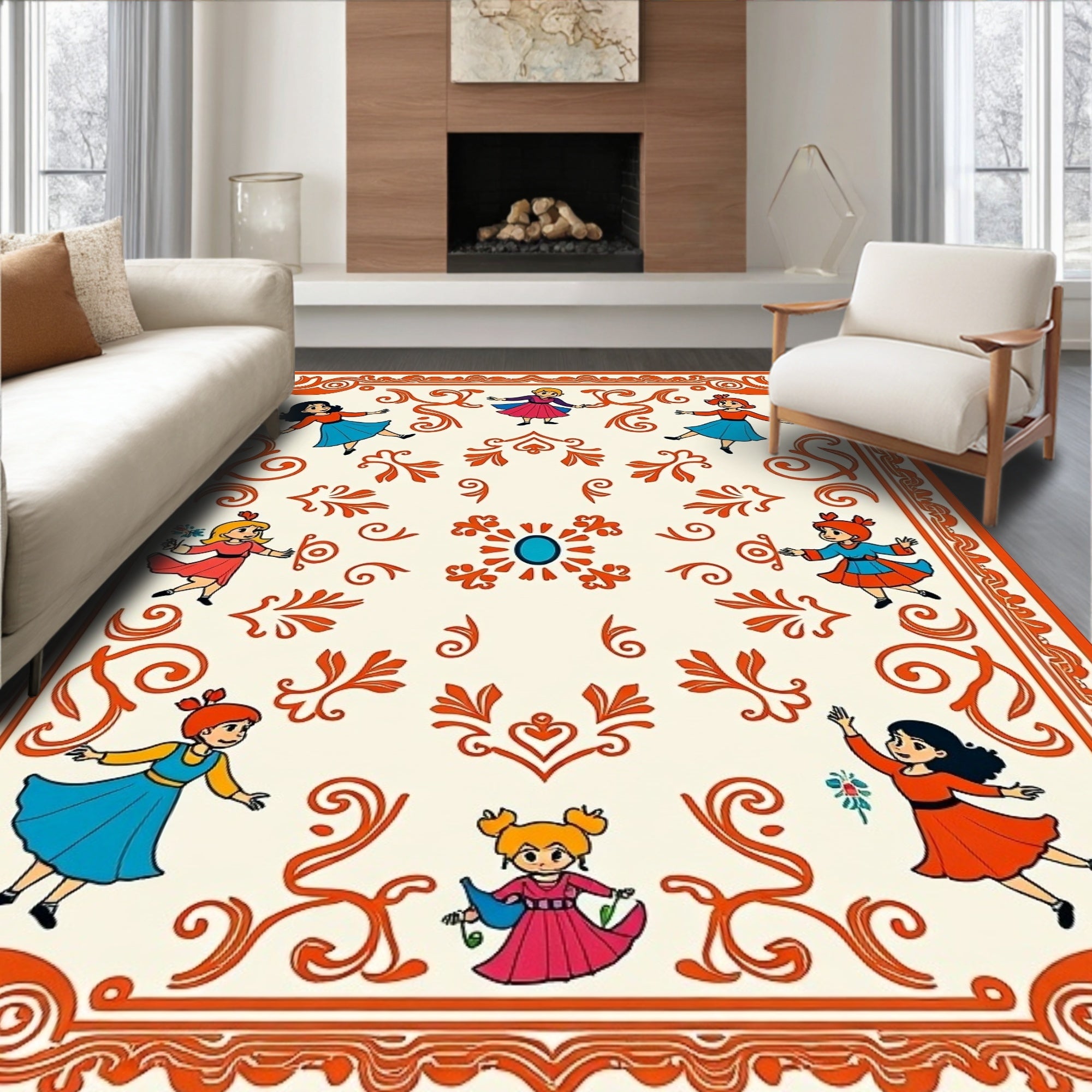 Whimsical Dancing Girls Orange Border Rug