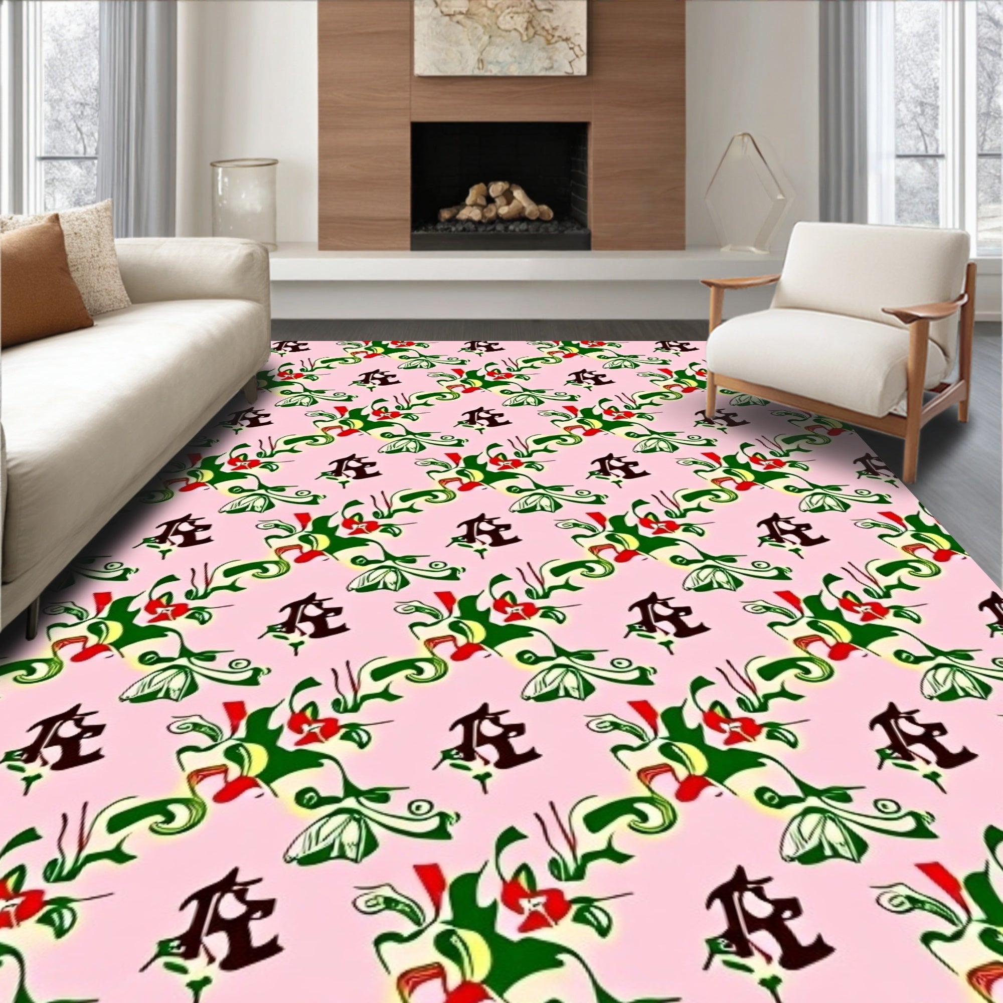 Abstract Red Green Swirl Floral Rug