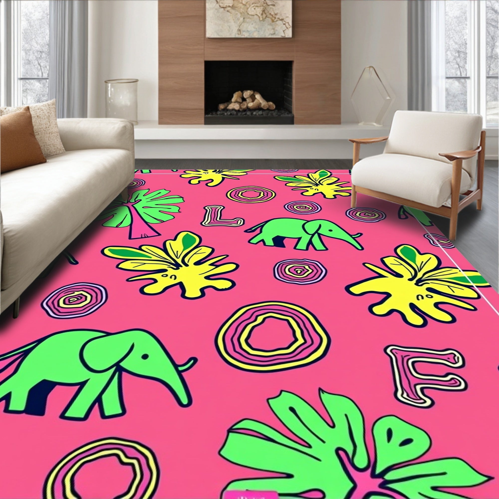 Vibrant Pink Elephant Tropical Foliage Rug