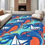 Nautical Sailboats Blue Orange Waves Rug