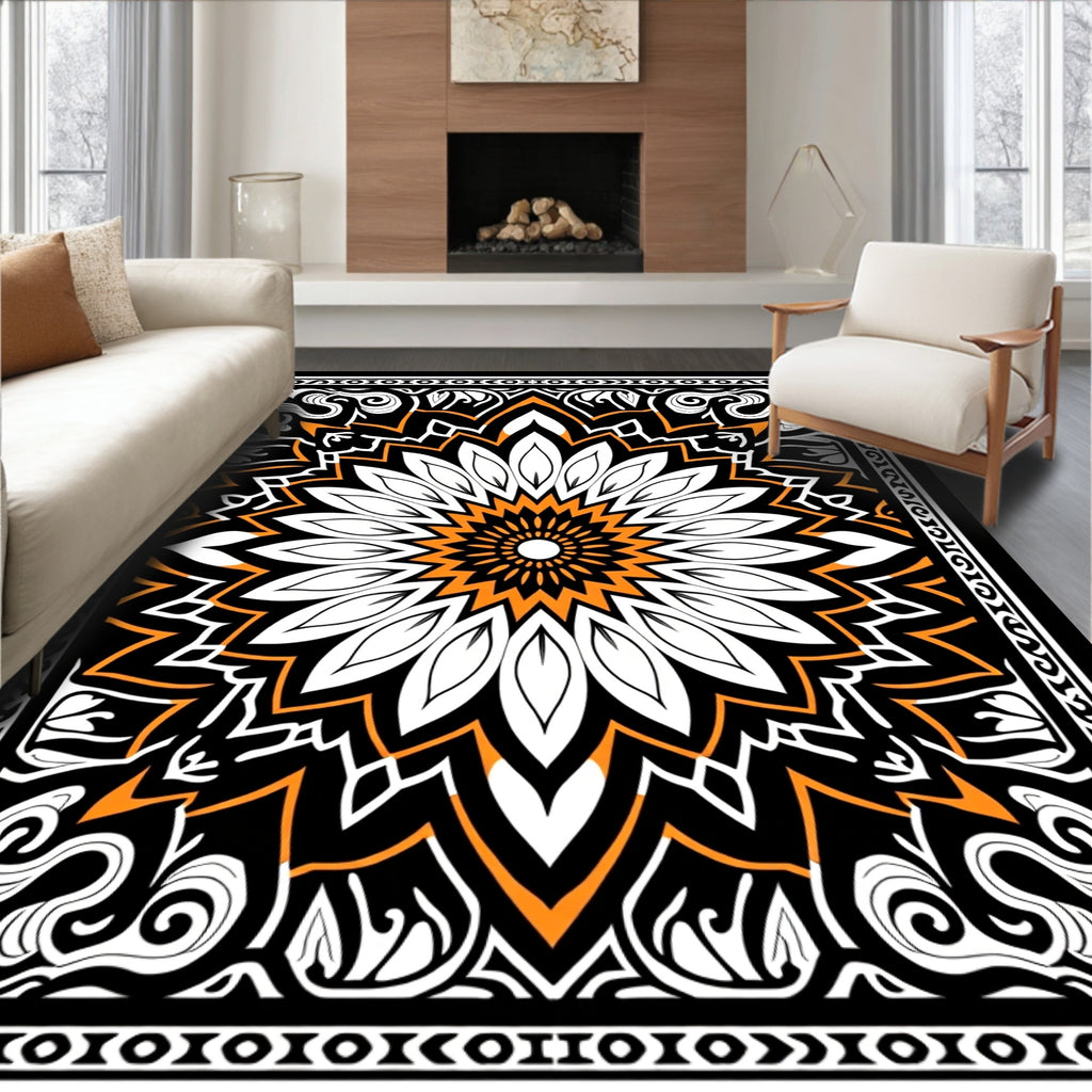 Bold Orange and White Floral Mandala Rug