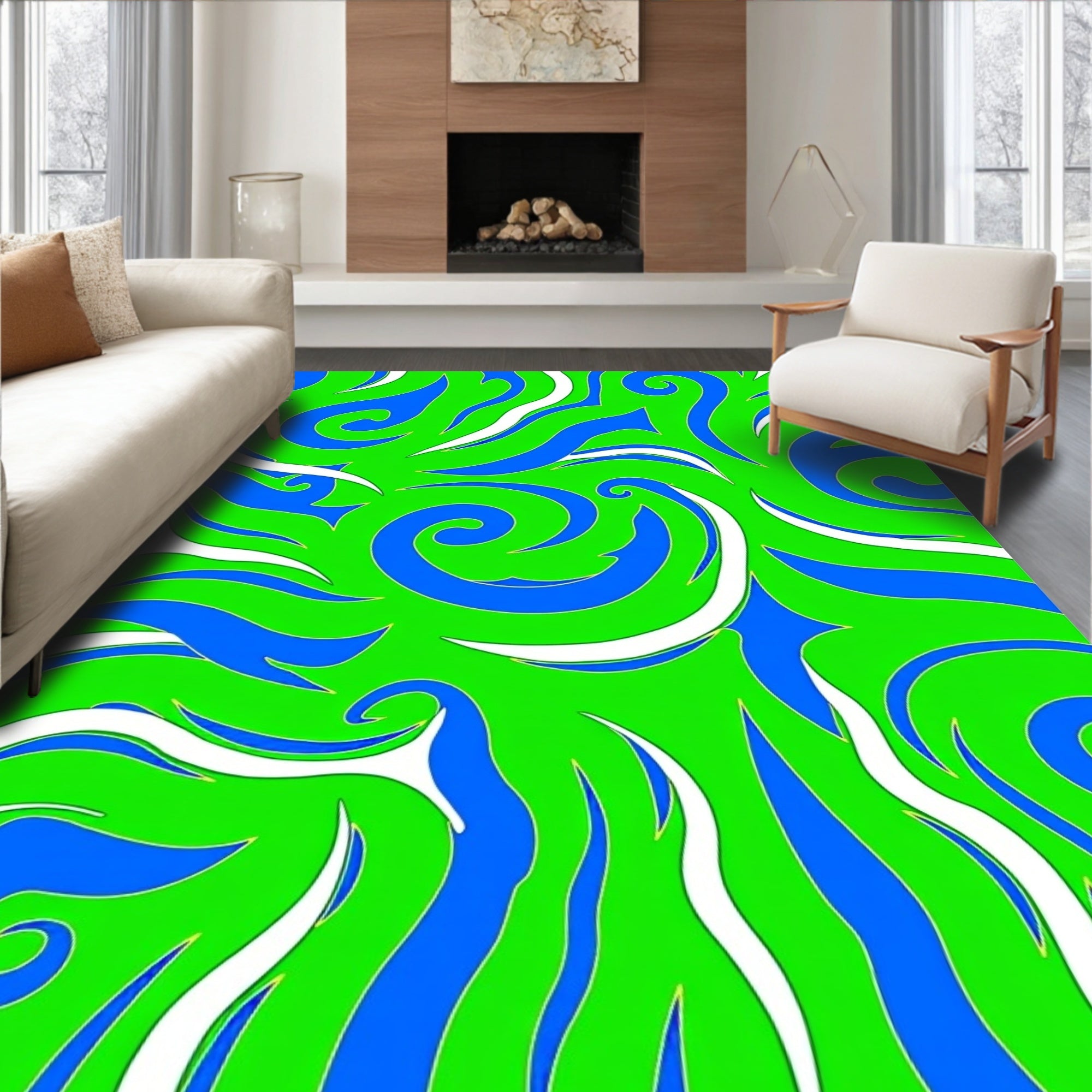 Vibrant Blue and Green Swirls Rug