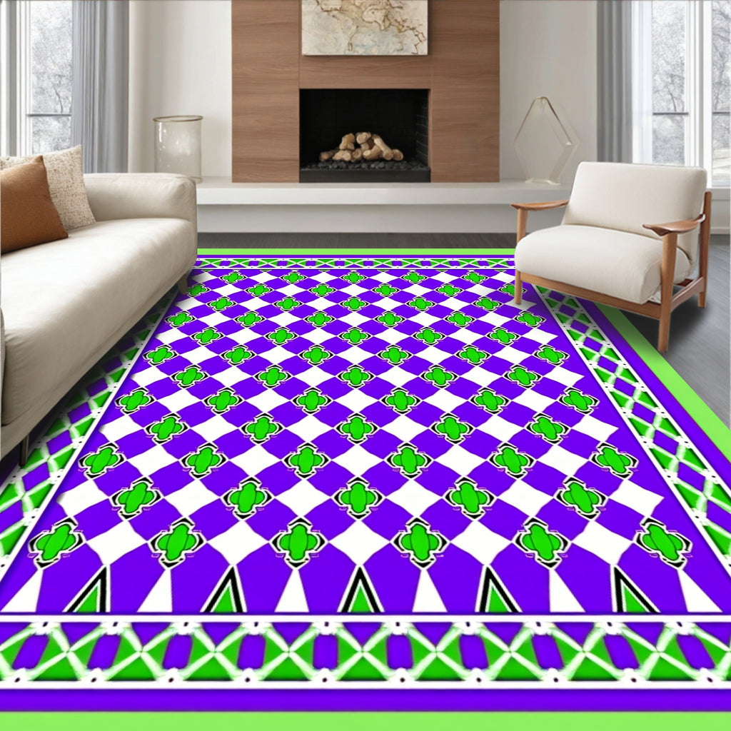 Vibrant Purple Green Clover Geometric Rug