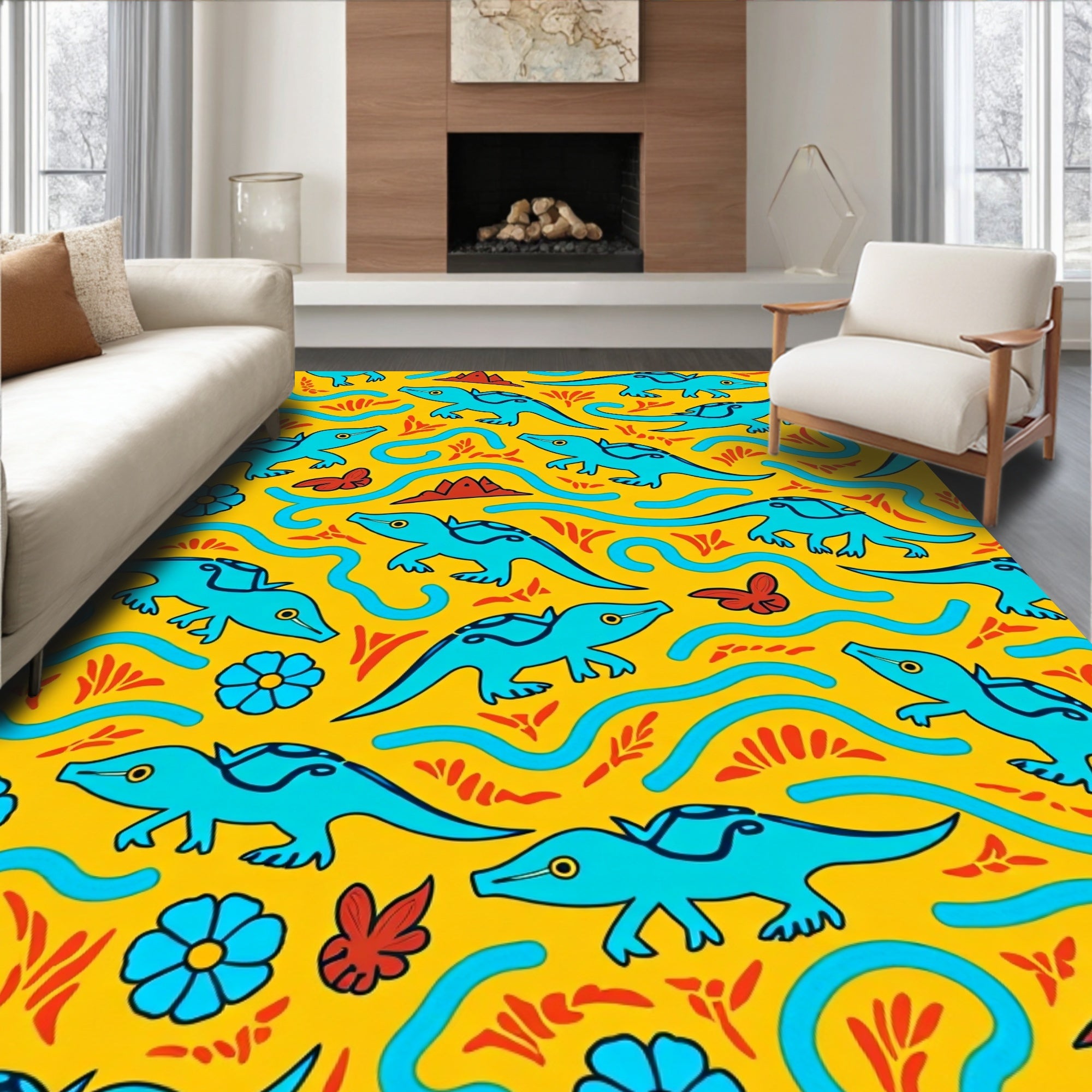 Whimsical Turquoise Dinosaurs Yellow Garden Rug