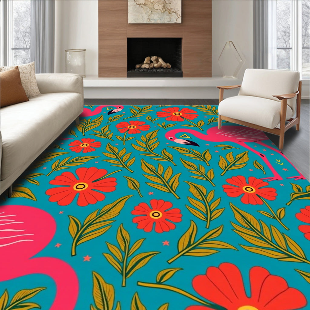 Tropical Flamingo Floral Teal Rug