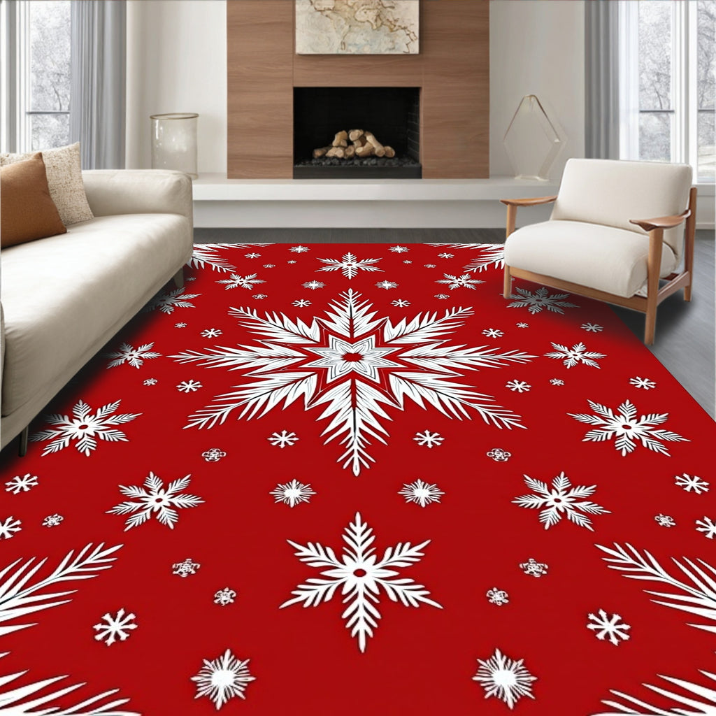 Crimson Red White Snowflakes Rug