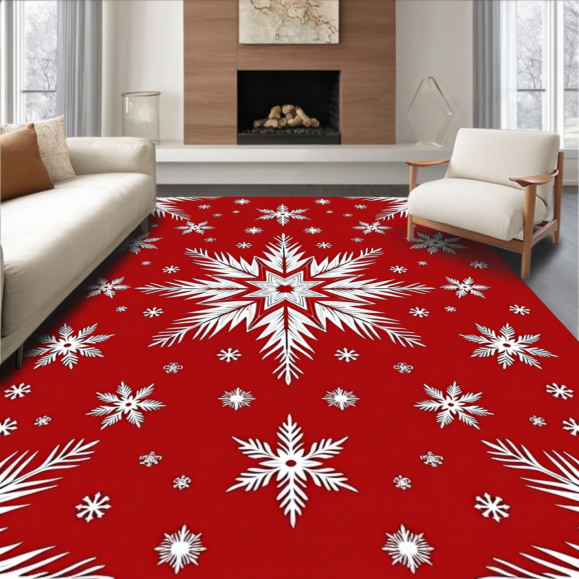 Crimson Red White Snowflakes Rug