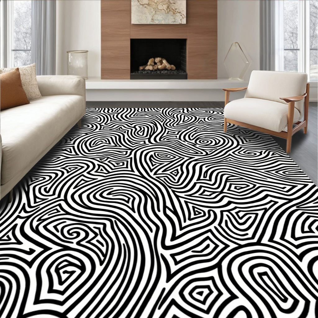 Bold Black White Abstract Maze Rug