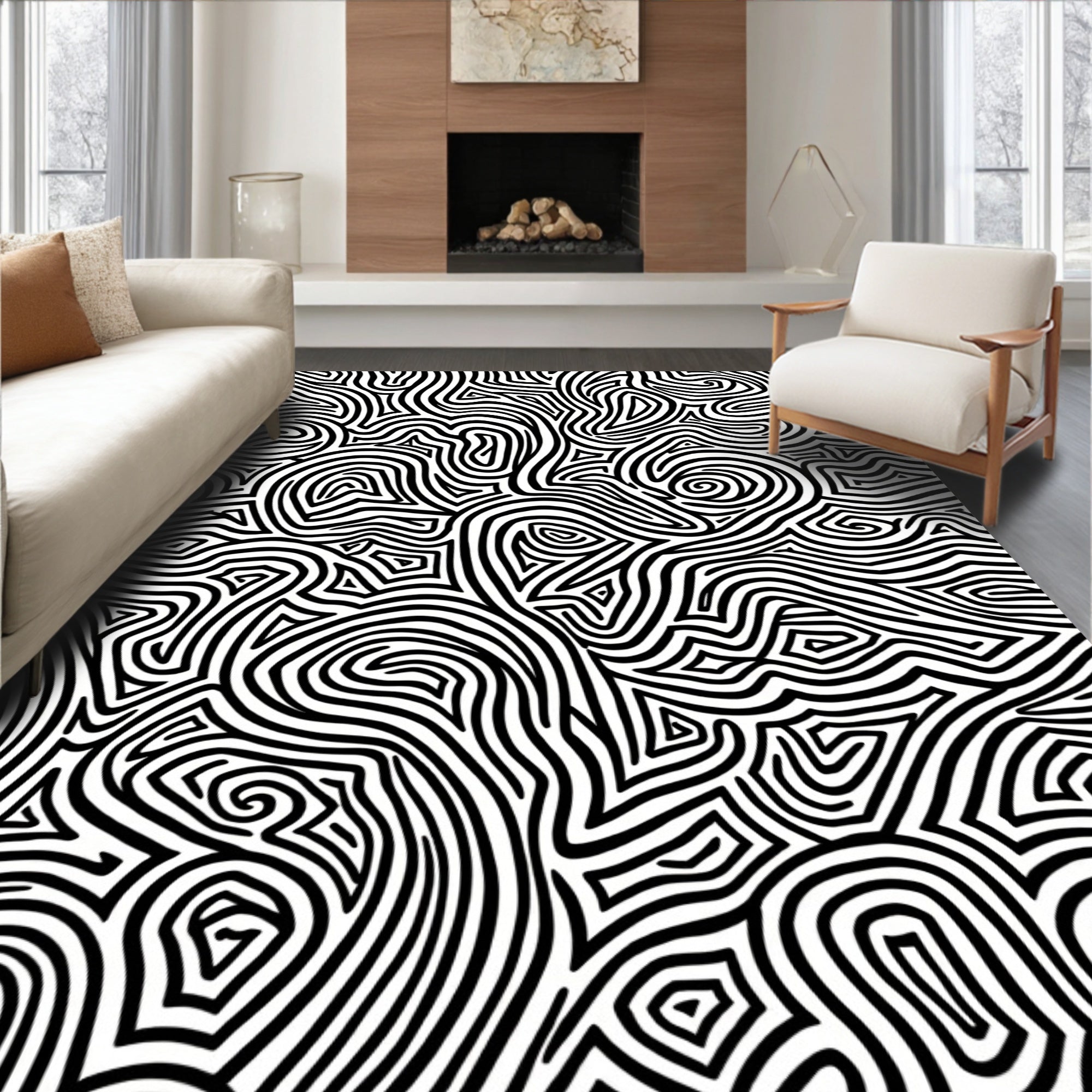Bold Black White Abstract Maze Rug