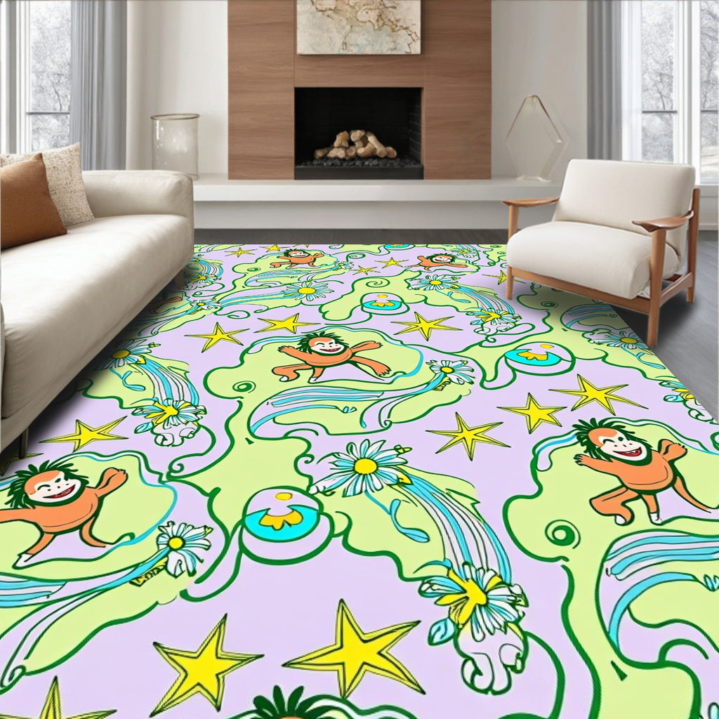 Whimsical Orange Monkeys Daisies Stars Rug