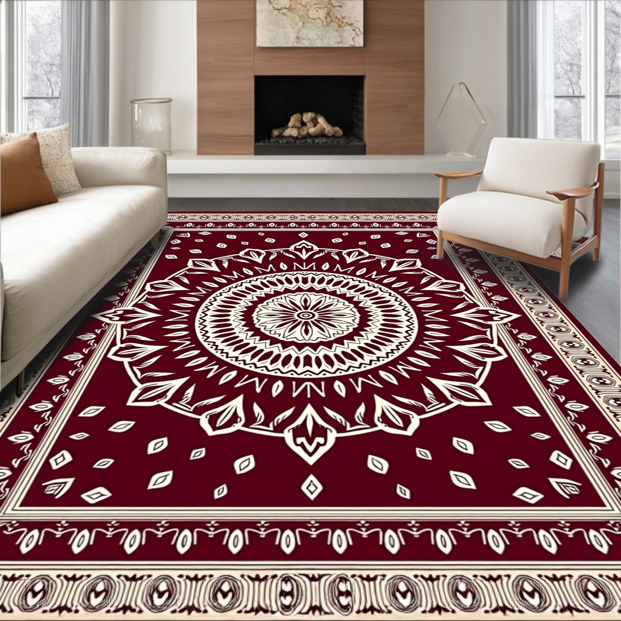 Crimson Cream Mandala Flower Border Rug