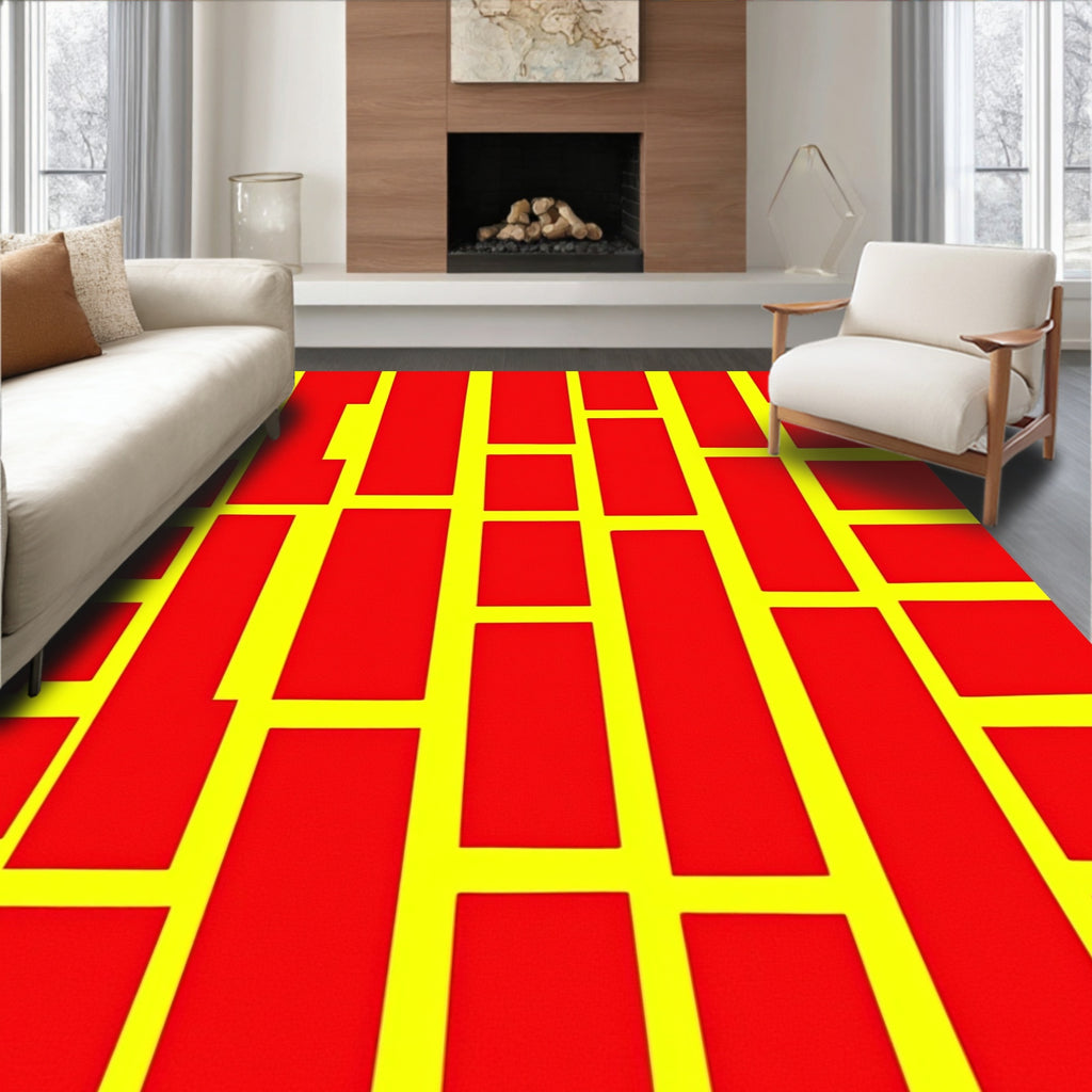 Bold Red Yellow Rectangular Grid Rug