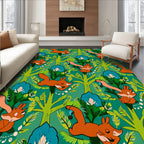 Whimsical Orange Foxes Emerald Forest Rug