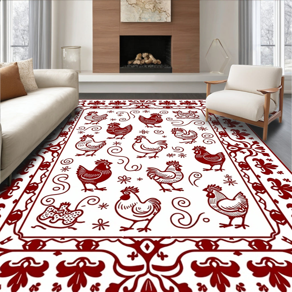 Barnyard Roosters Red Border Rug
