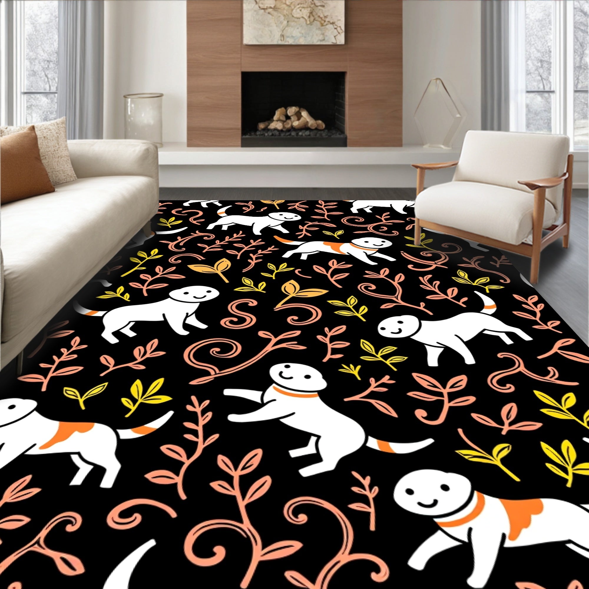 Playful White Dog Floral Scatter Rug