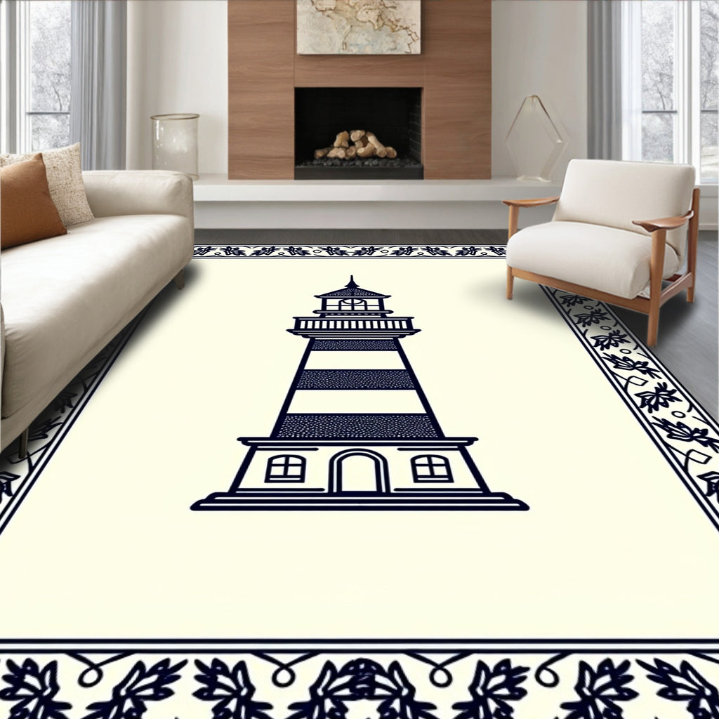 Coastal Lighthouse With Navy Border Rug