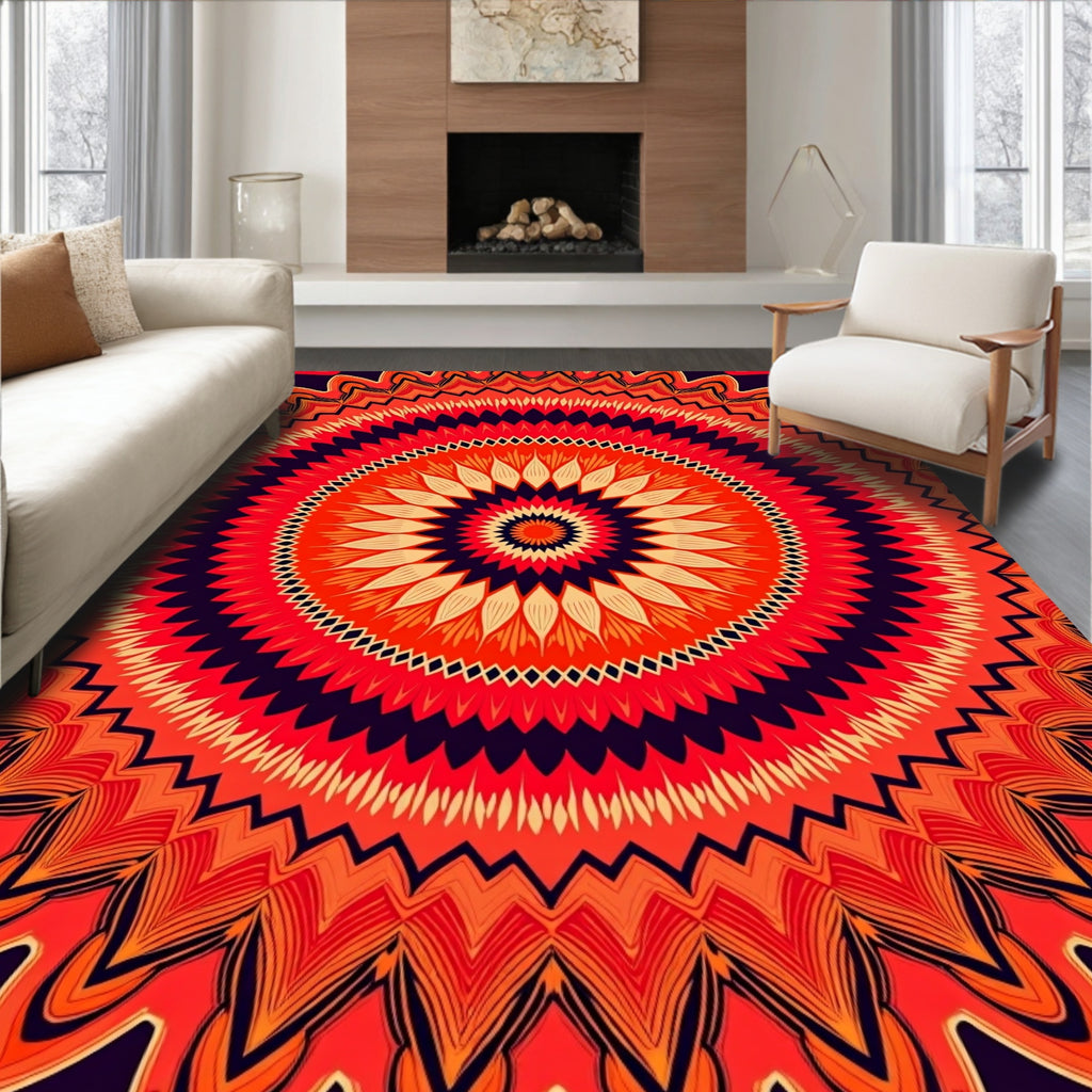 Vibrant Red Orange Mandala Sunburst Rug