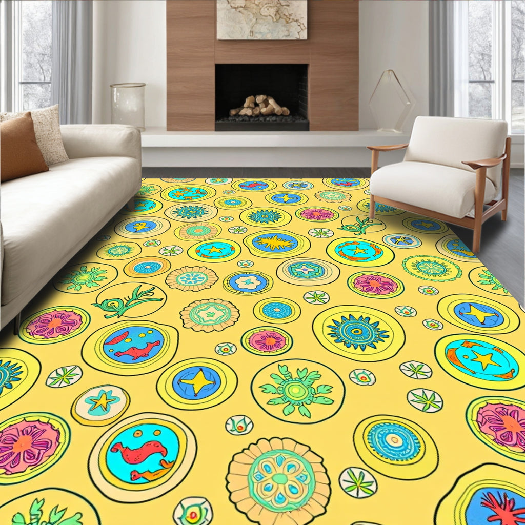Whimsical Sunny Yellow Circle Collage Rug