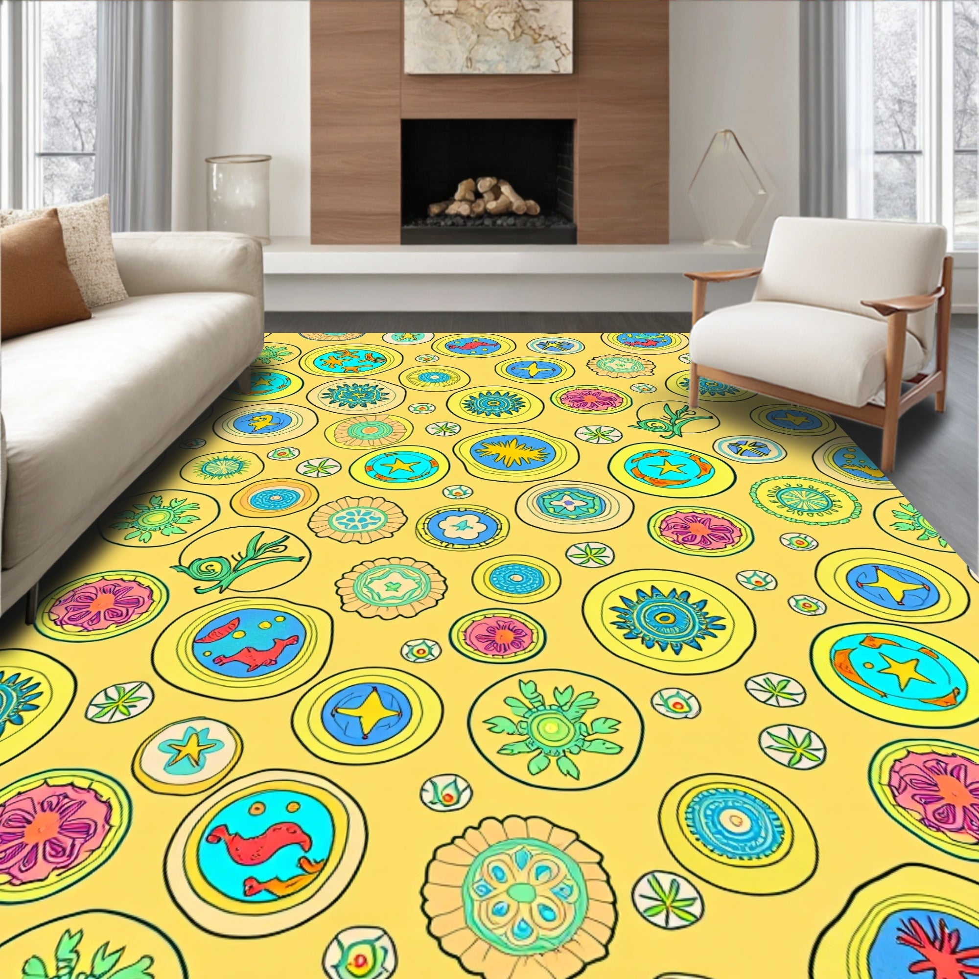 Whimsical Sunny Yellow Circle Collage Rug