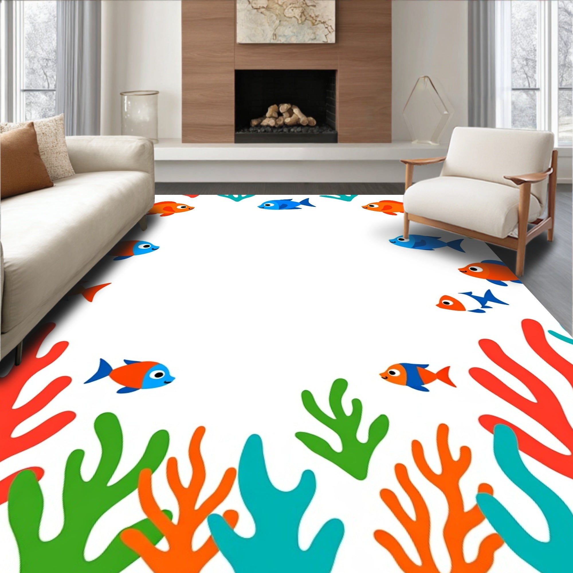 Bright Orange Blue Fish Coral Reef Rug