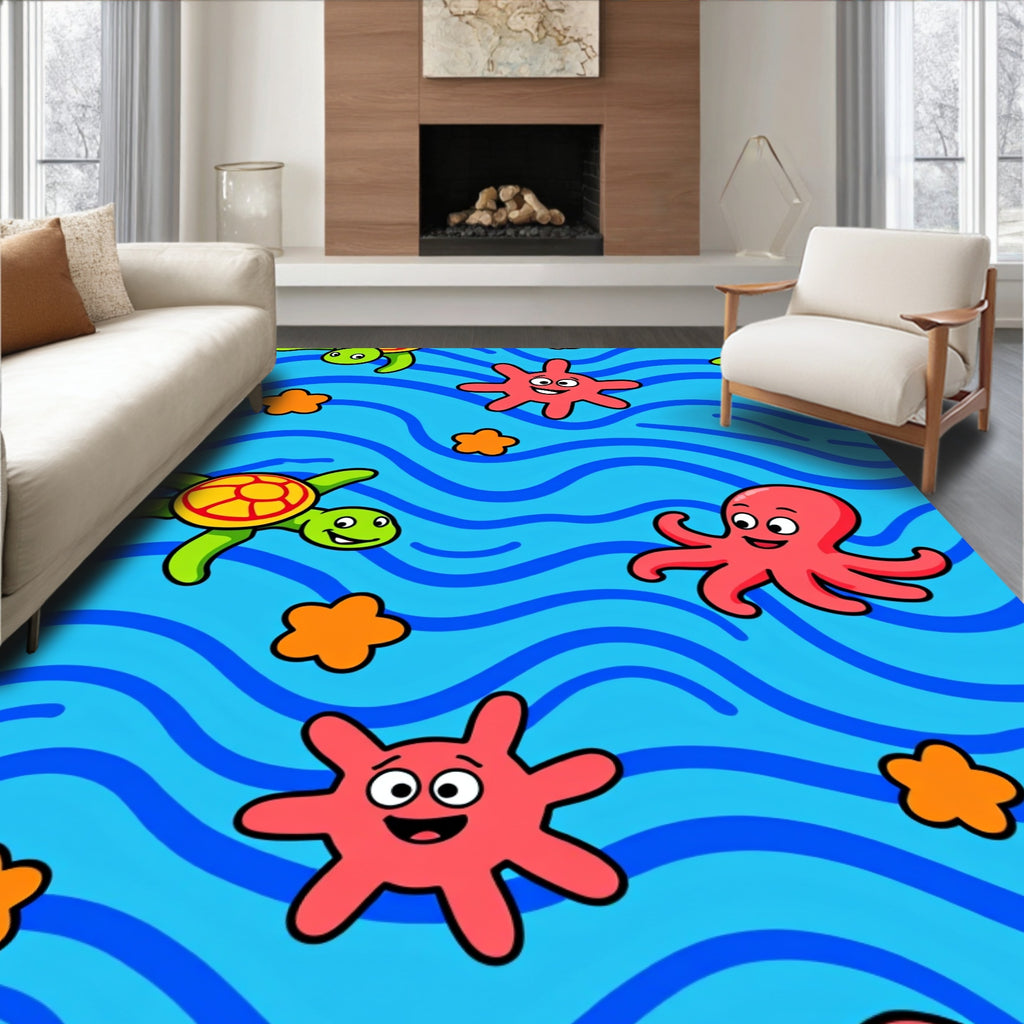 Playful Sea Creatures Ocean Waves Rug
