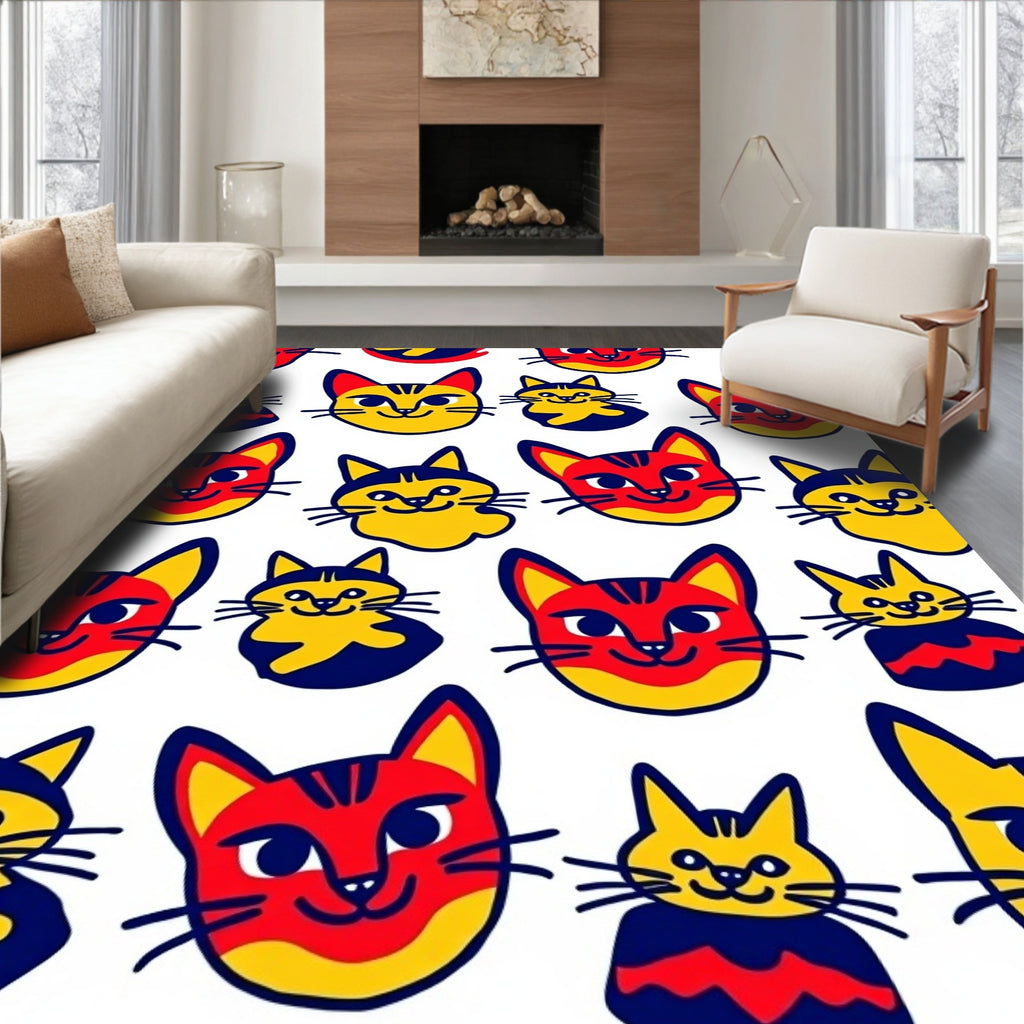 Playful Red Yellow Cat Faces Collage Rug