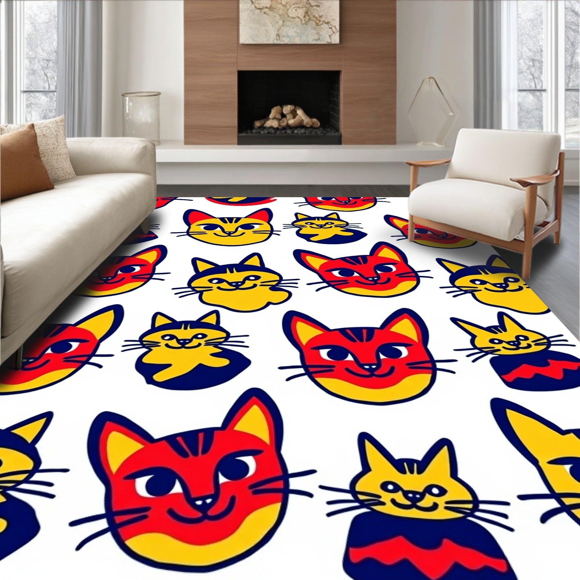Playful Red Yellow Cat Faces Collage Rug