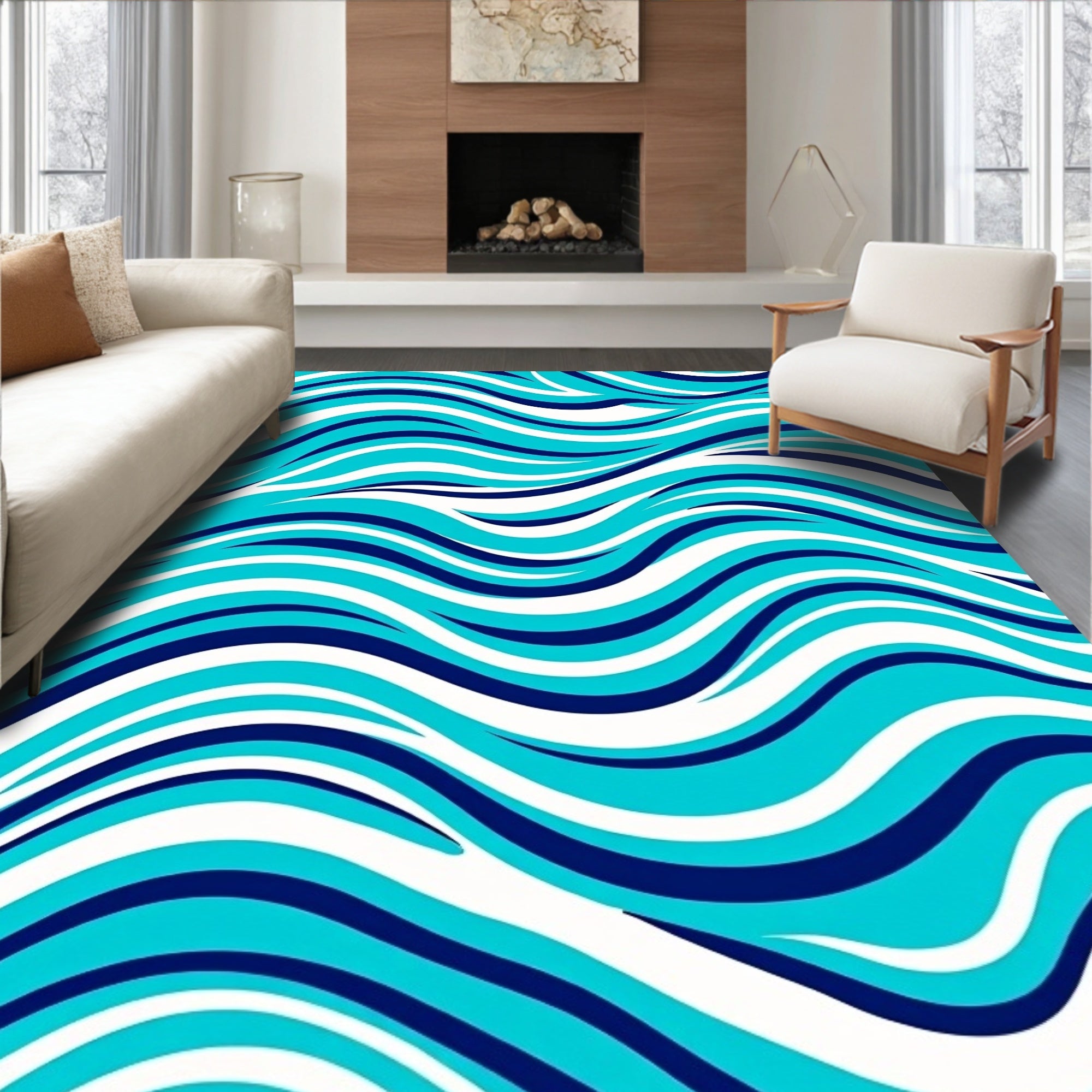 Vibrant Blue White Ocean Waves Rug