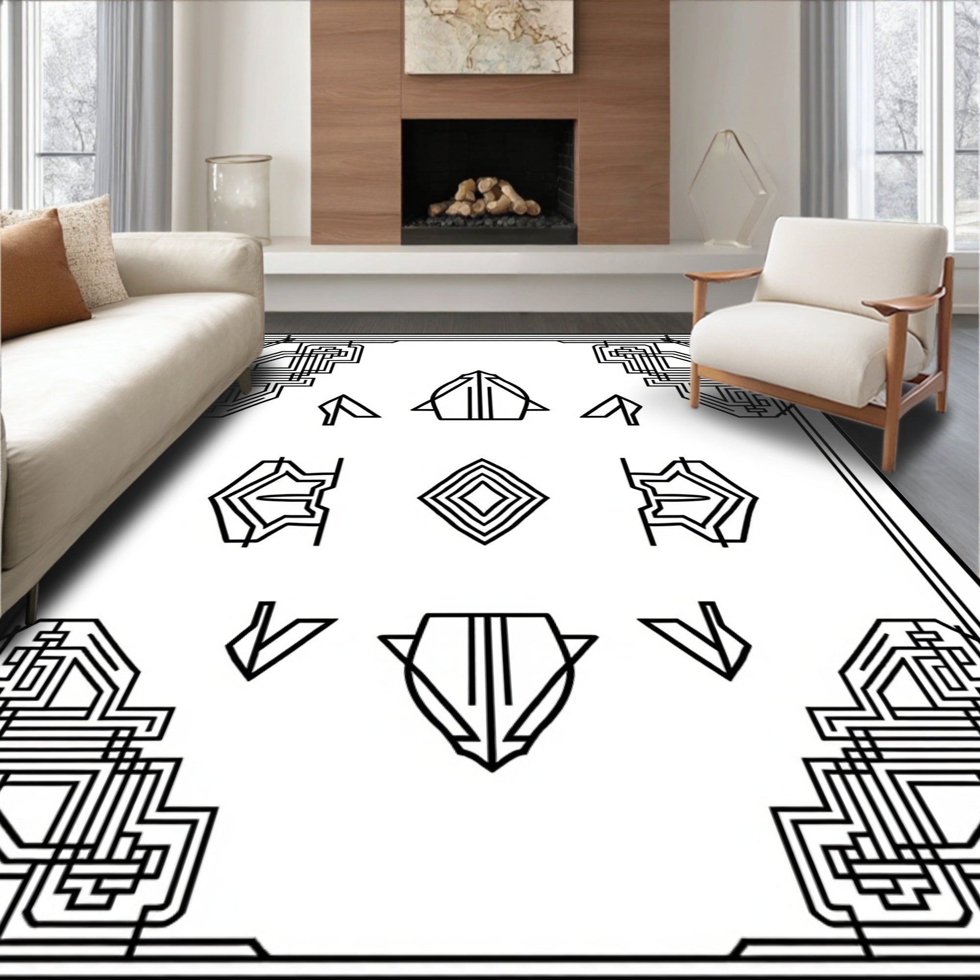 Art Deco Black White Geometric Frame Rug