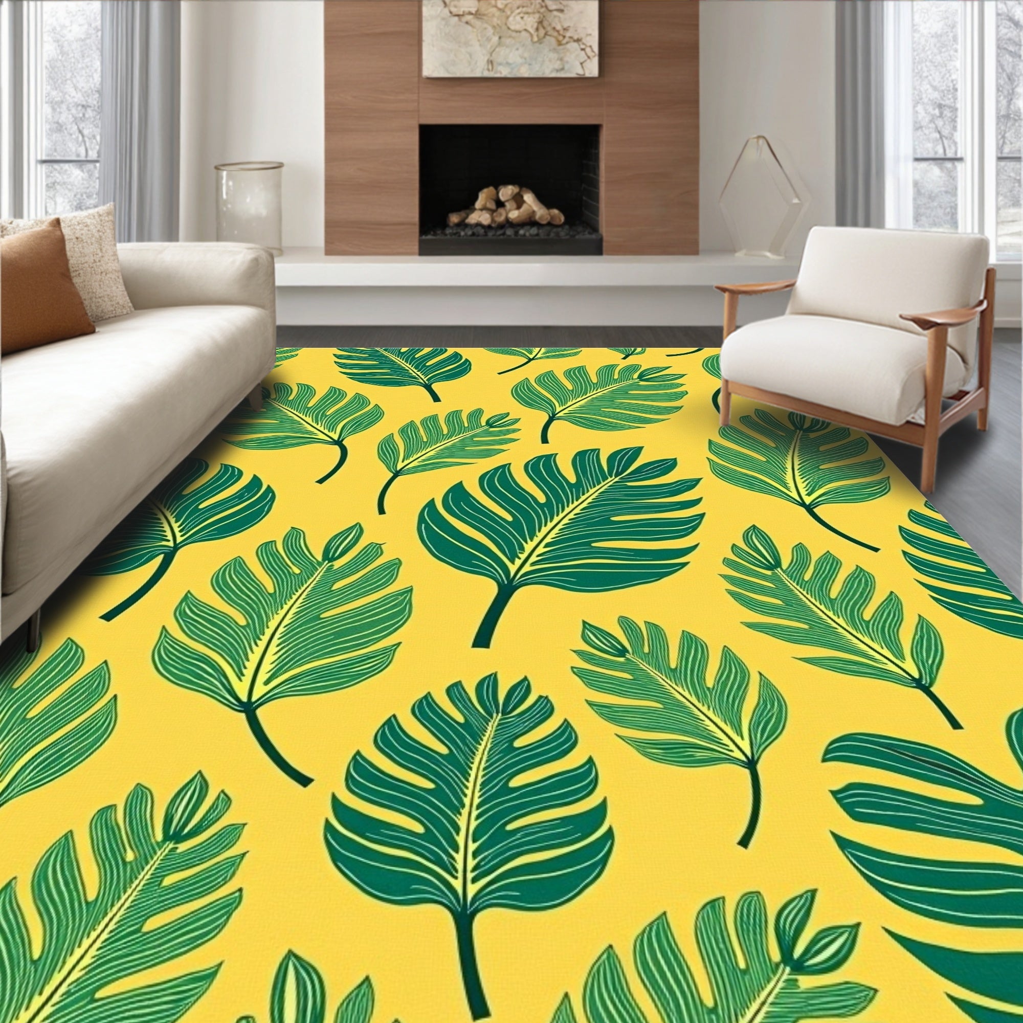 Tropical Green Leafy Monstera Yellow Rug