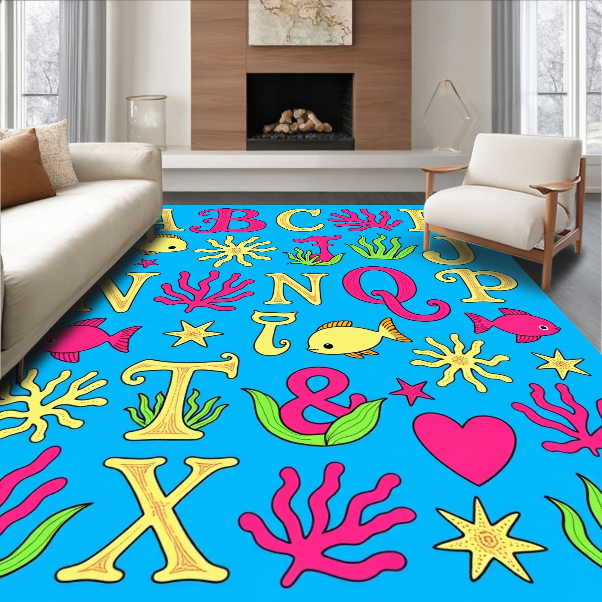 Ocean Alphabet Coral Fish Starfish Rug