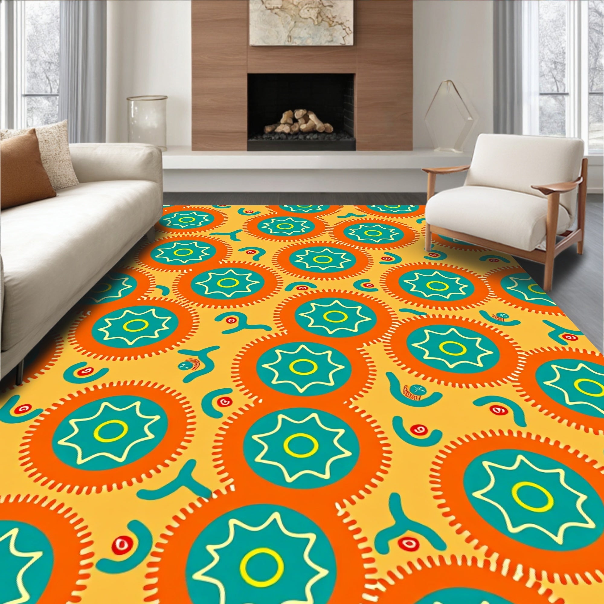 Vibrant Orange Teal Sunburst Medallion Rug