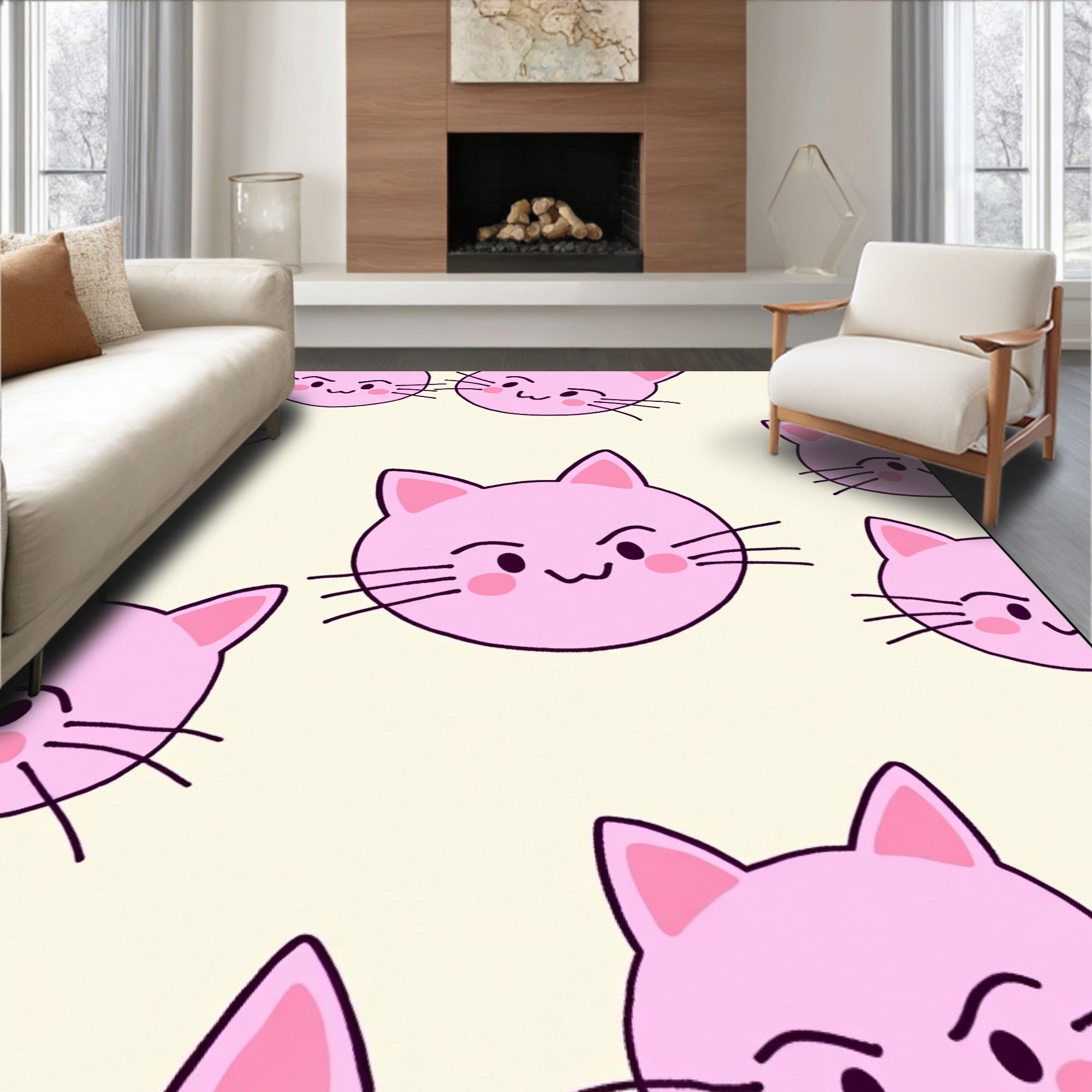 Pink Kawaii Cat Faces Scattered Rug