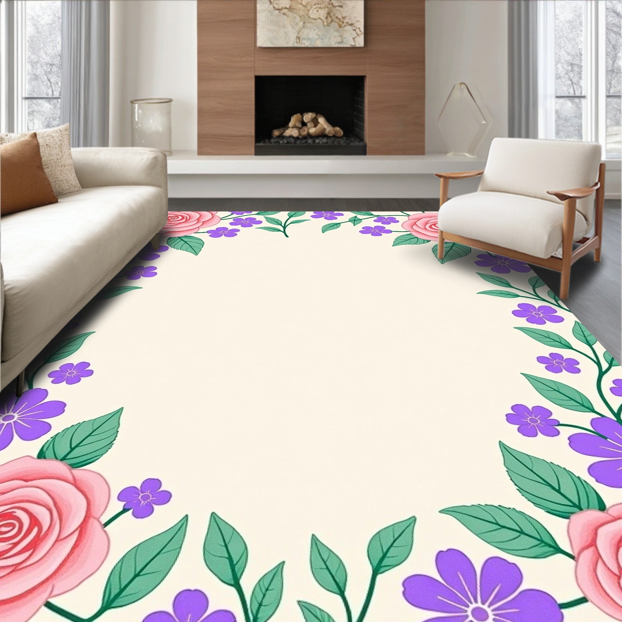 Pink Roses Purple Blossoms Floral Border Rug