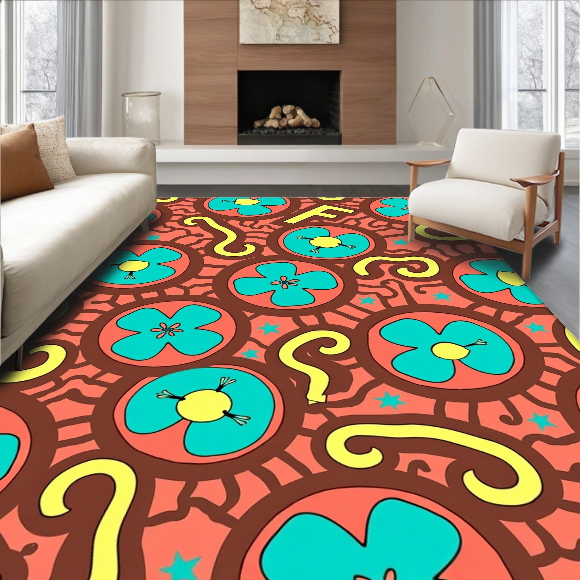 Coral Teal Yellow Floral Swirl Rug