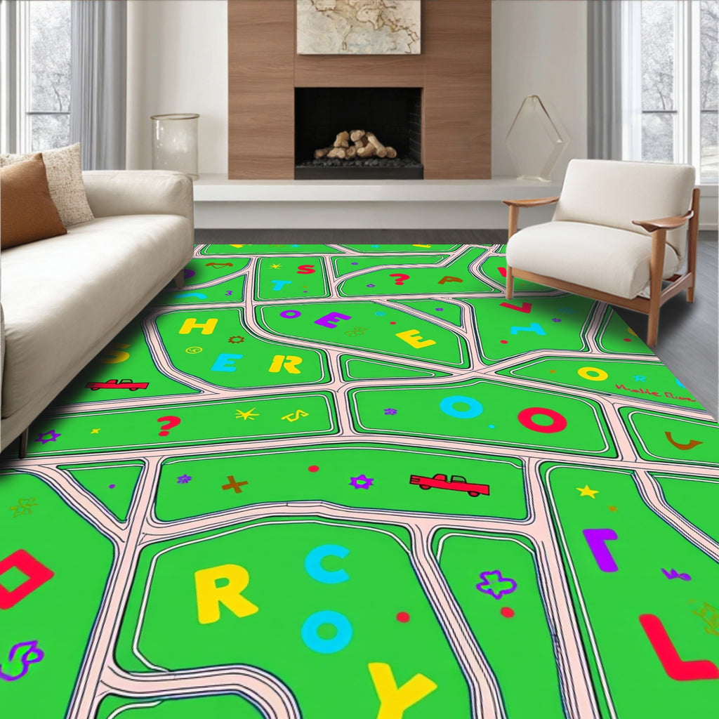 Whimsical Letter Playground Green Layout Rug