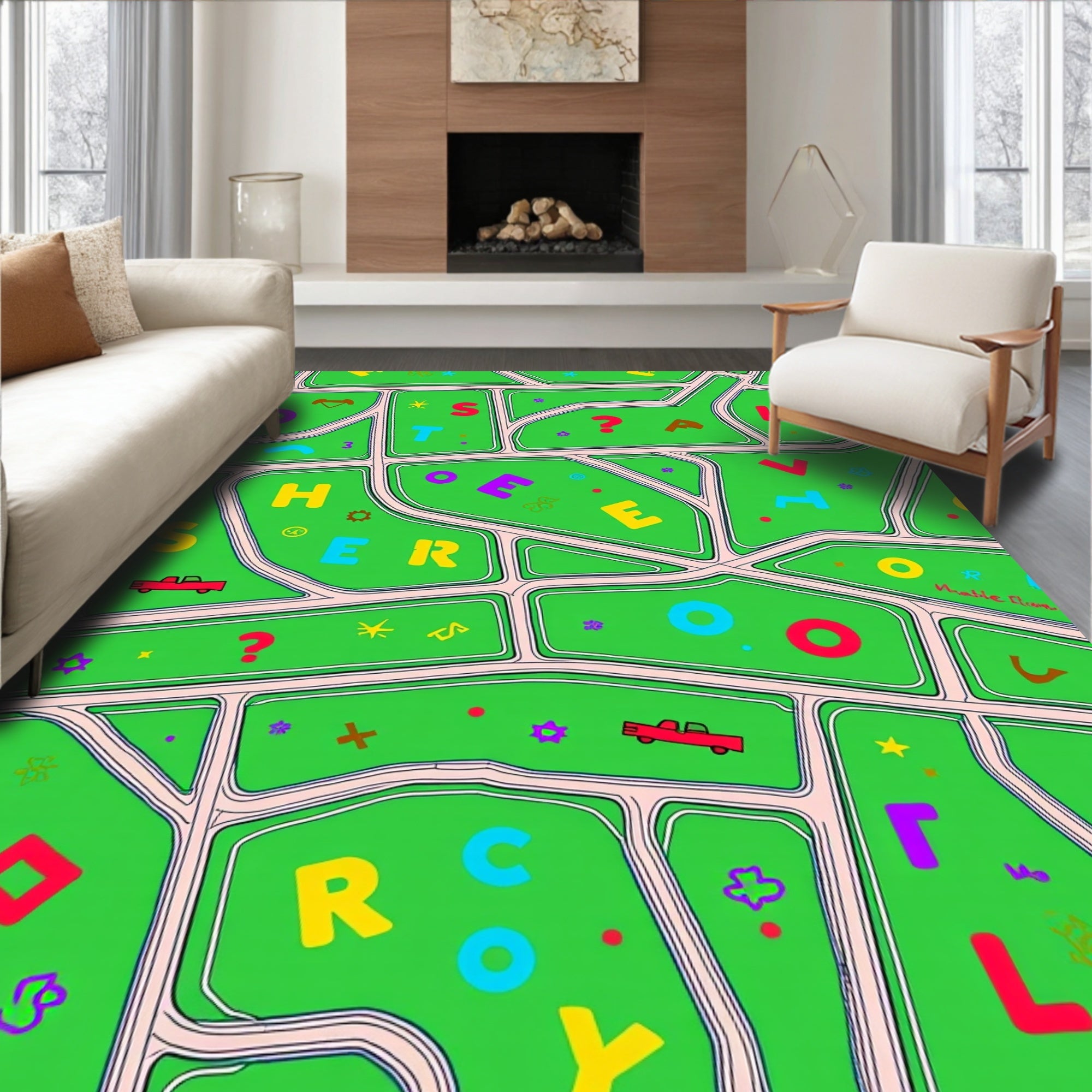 Whimsical Letter Playground Green Layout Rug