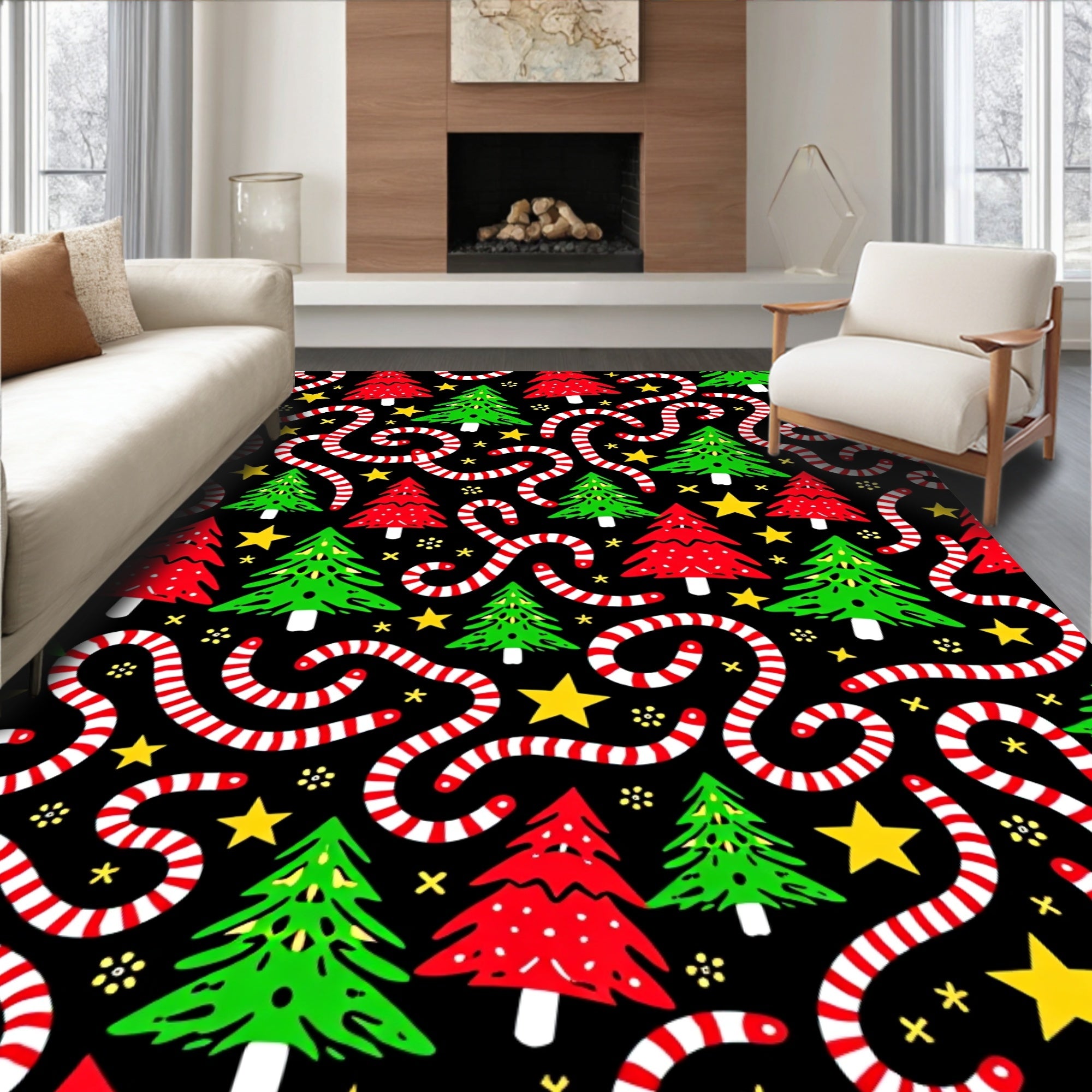 Festive Red Green Trees Candy Canes Rug